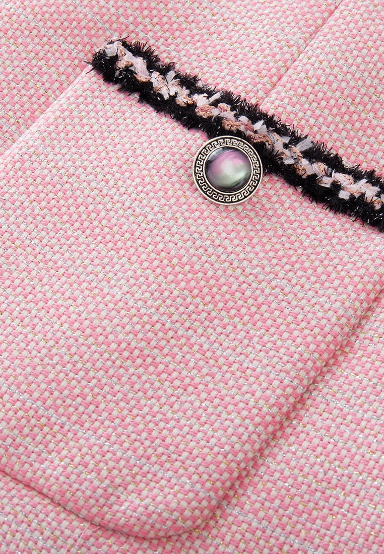 Black Trimmed Pink Tweed Pleated Dress
