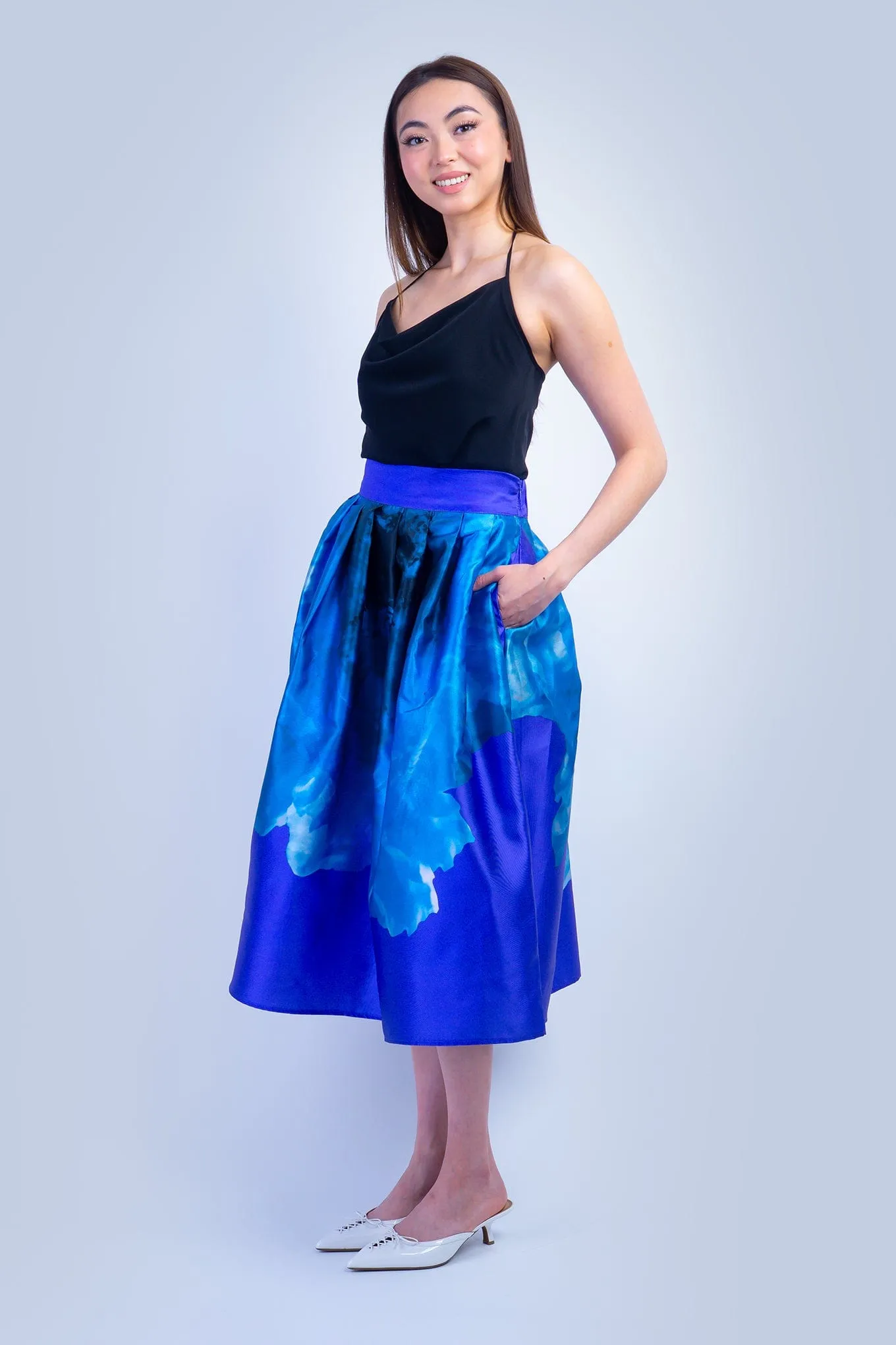 Blue and Purple Floral Taffeta Full Skirt