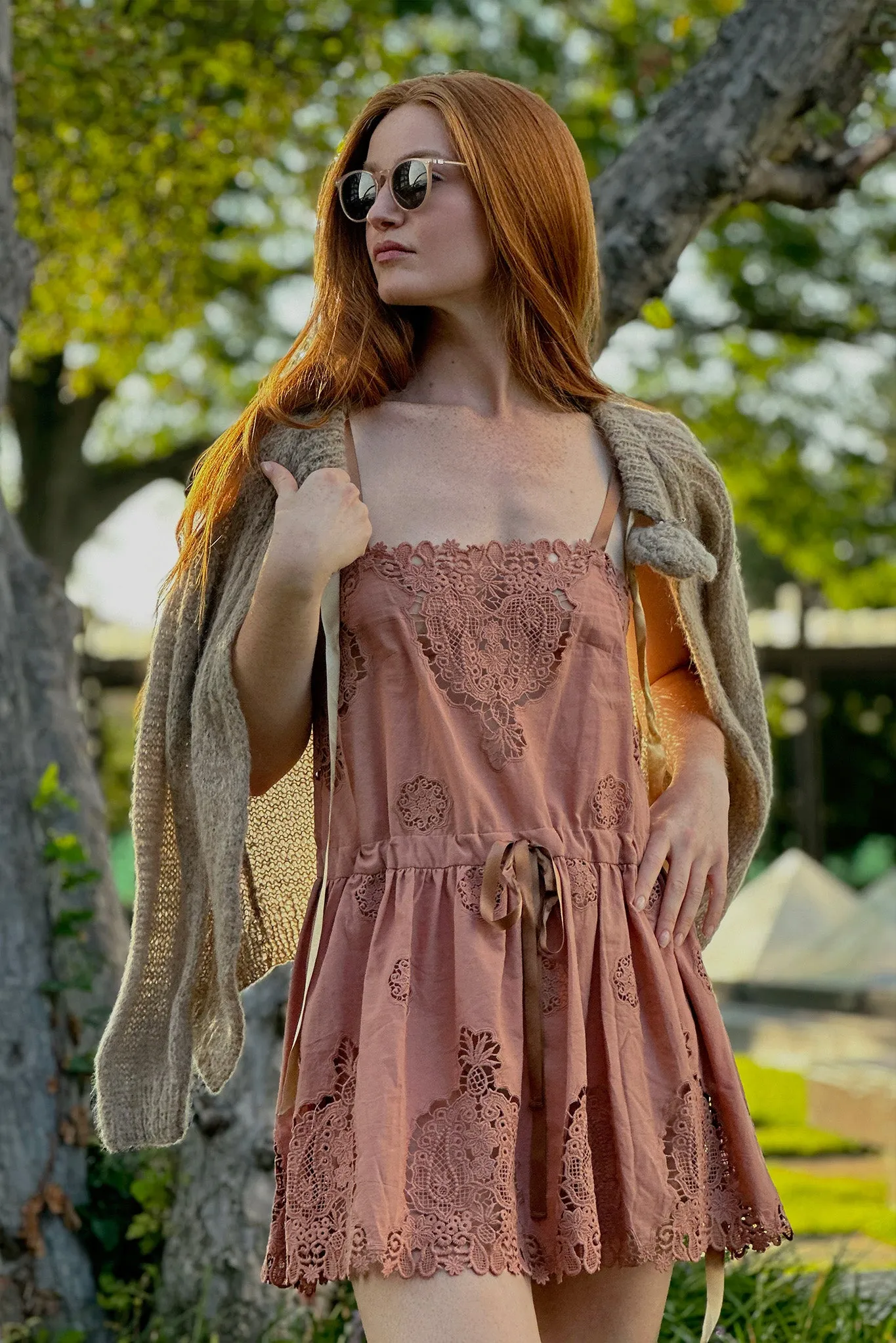 Brielle Versailles Cotton Embroidery Mini Dress - Cinnamon