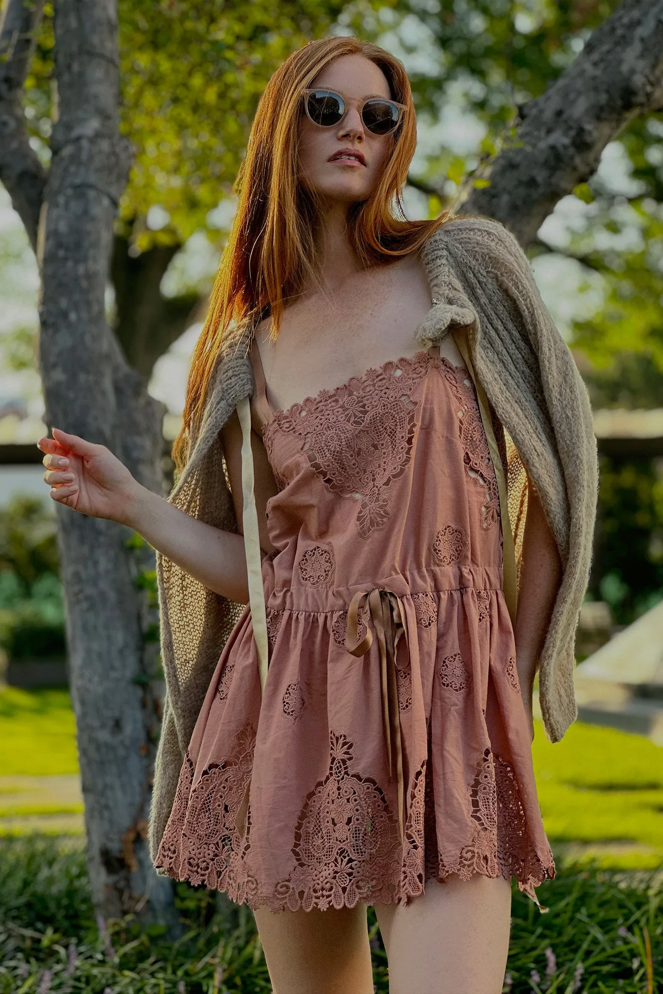 Brielle Versailles Cotton Embroidery Mini Dress - Cinnamon