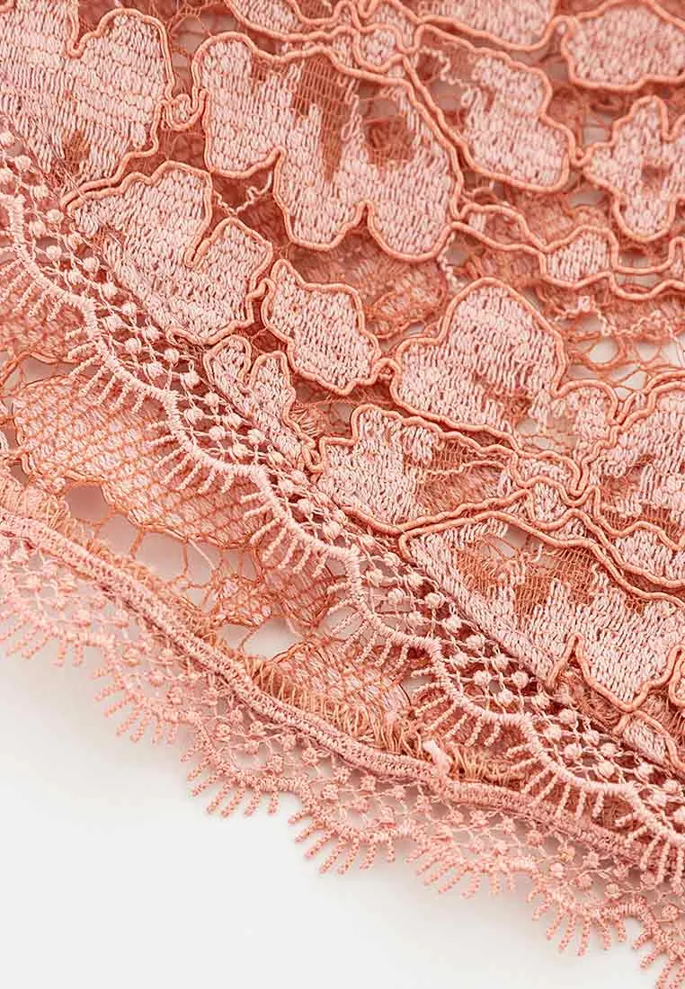 Butterfly-embroidered peach lace dress