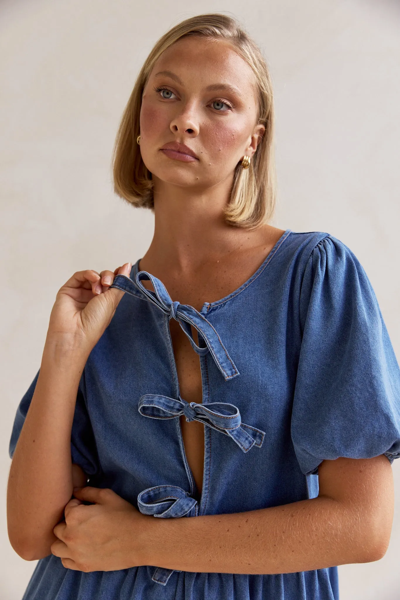 Carmela Denim Mini Dress (Blue)
