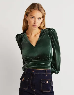 Cropped Velvet Blouson Top-Onyx Green