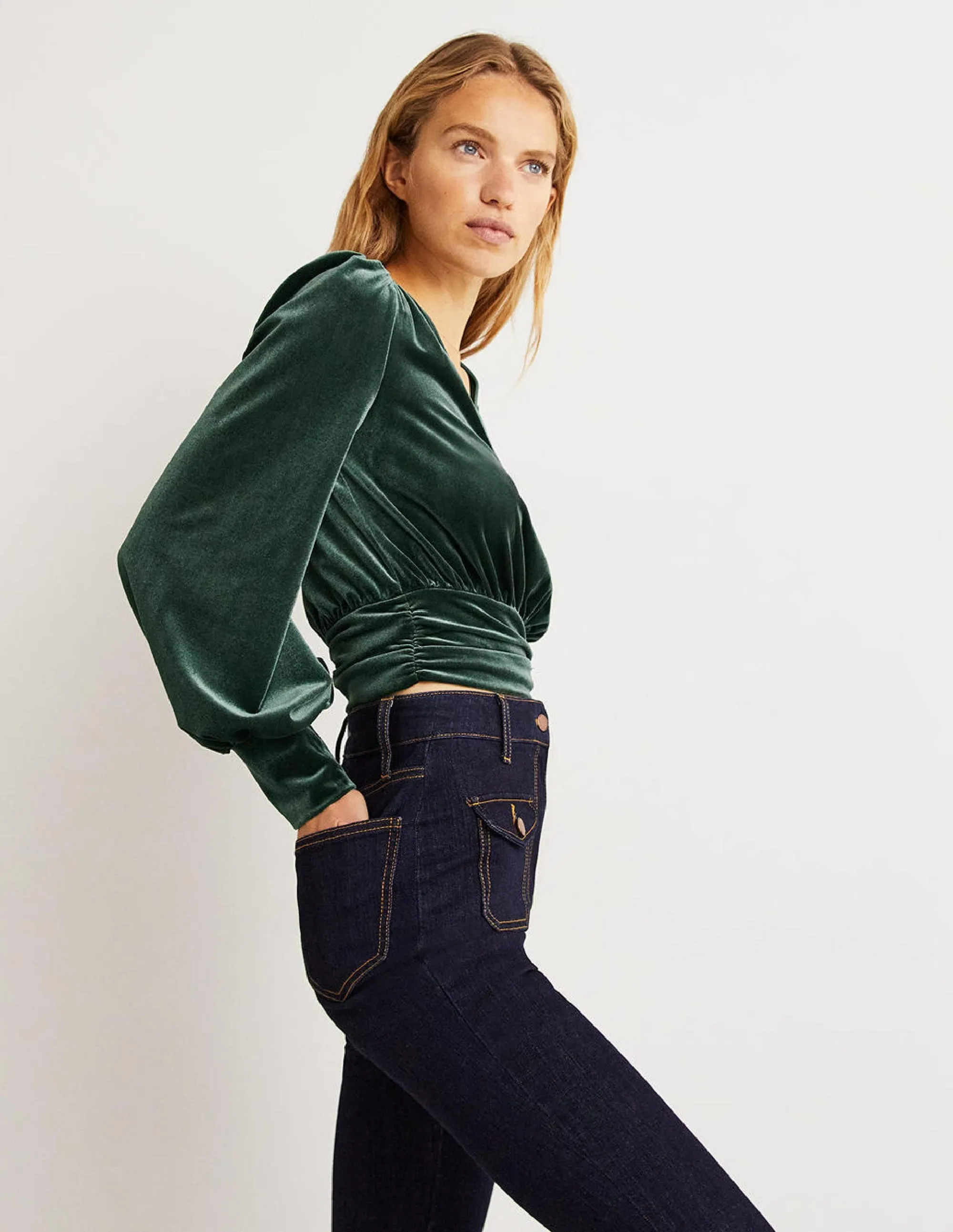 Cropped Velvet Blouson Top-Onyx Green