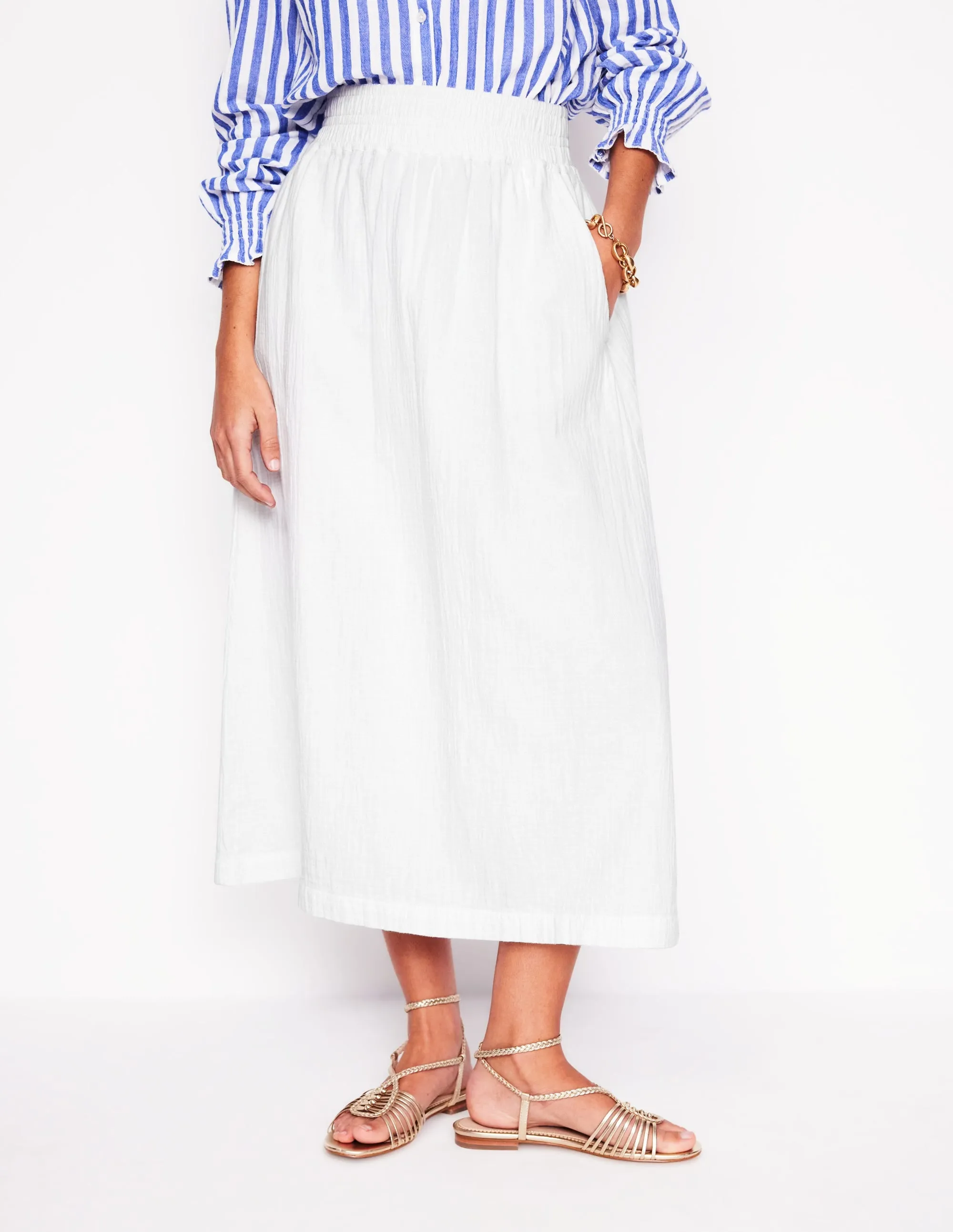 Double Cloth Smocked Skirt-White