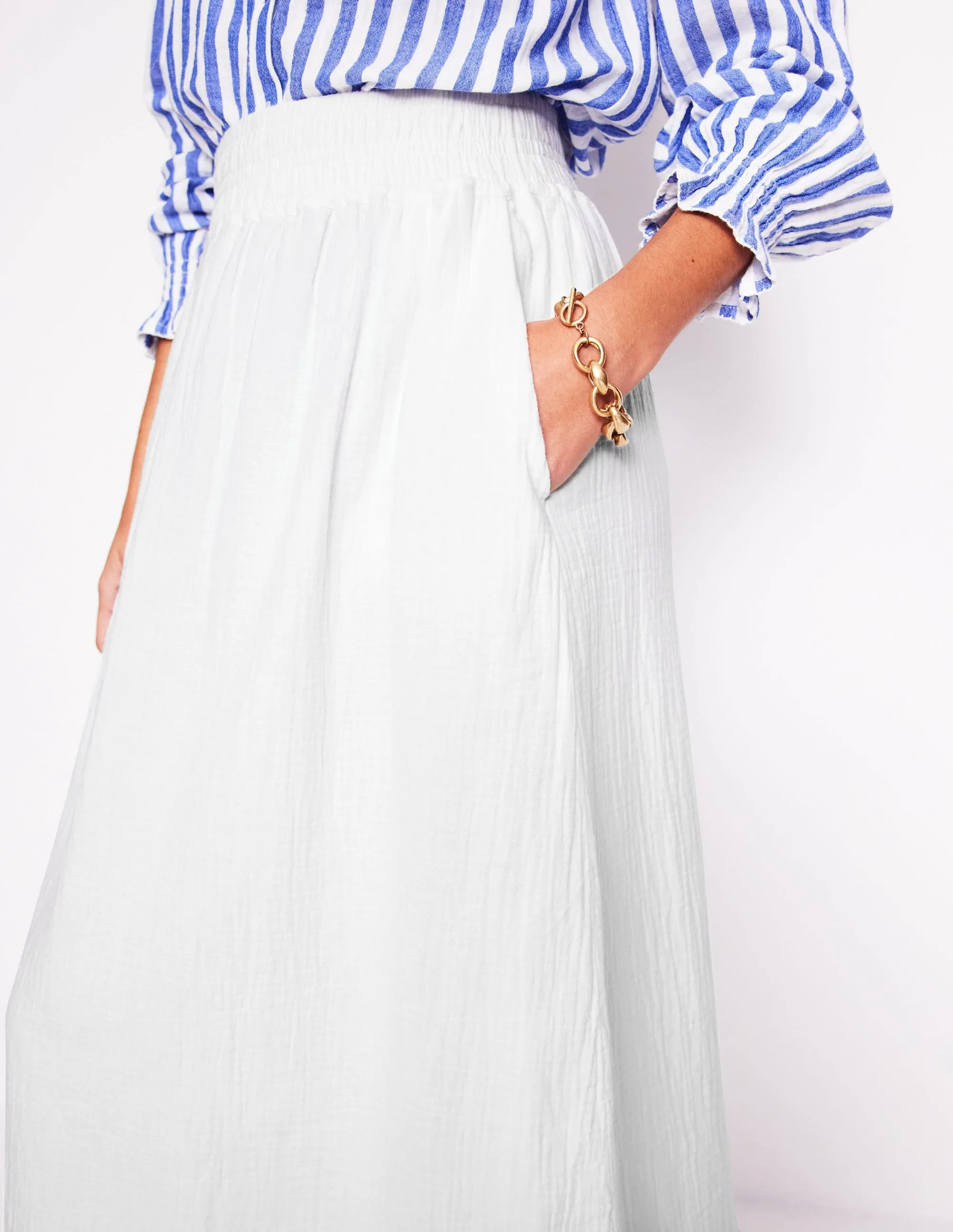 Double Cloth Smocked Skirt-White