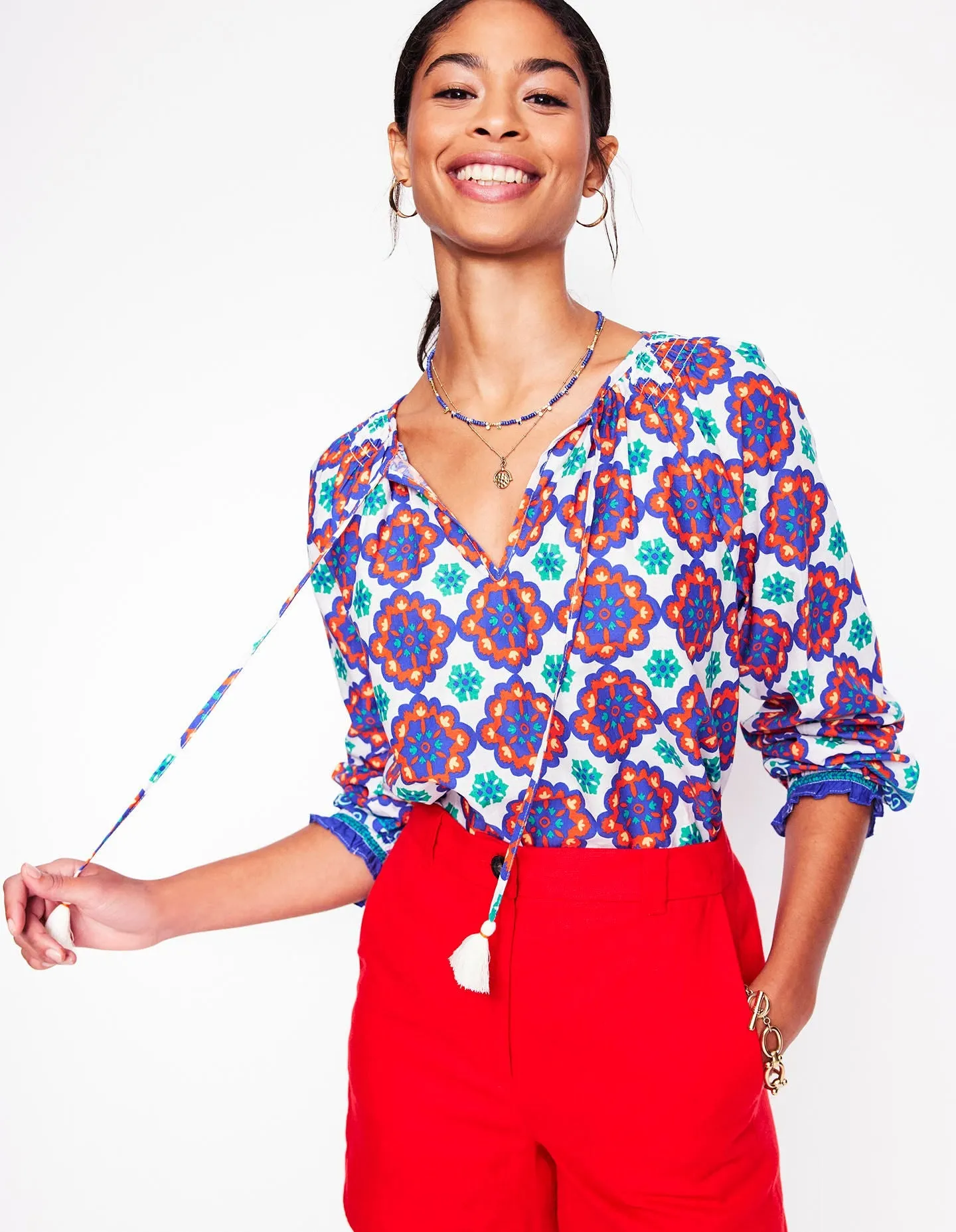 Easy Cotton Blouse-Bright Blue. Bloom Geo