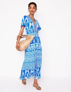 Ellie Flutter Maxi Tea Dress-Cerulean Blue. Ornate Tropics
