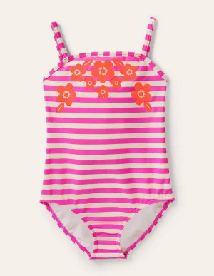 Embroidered Swimsuit-Pop Pansy Pink Stripe