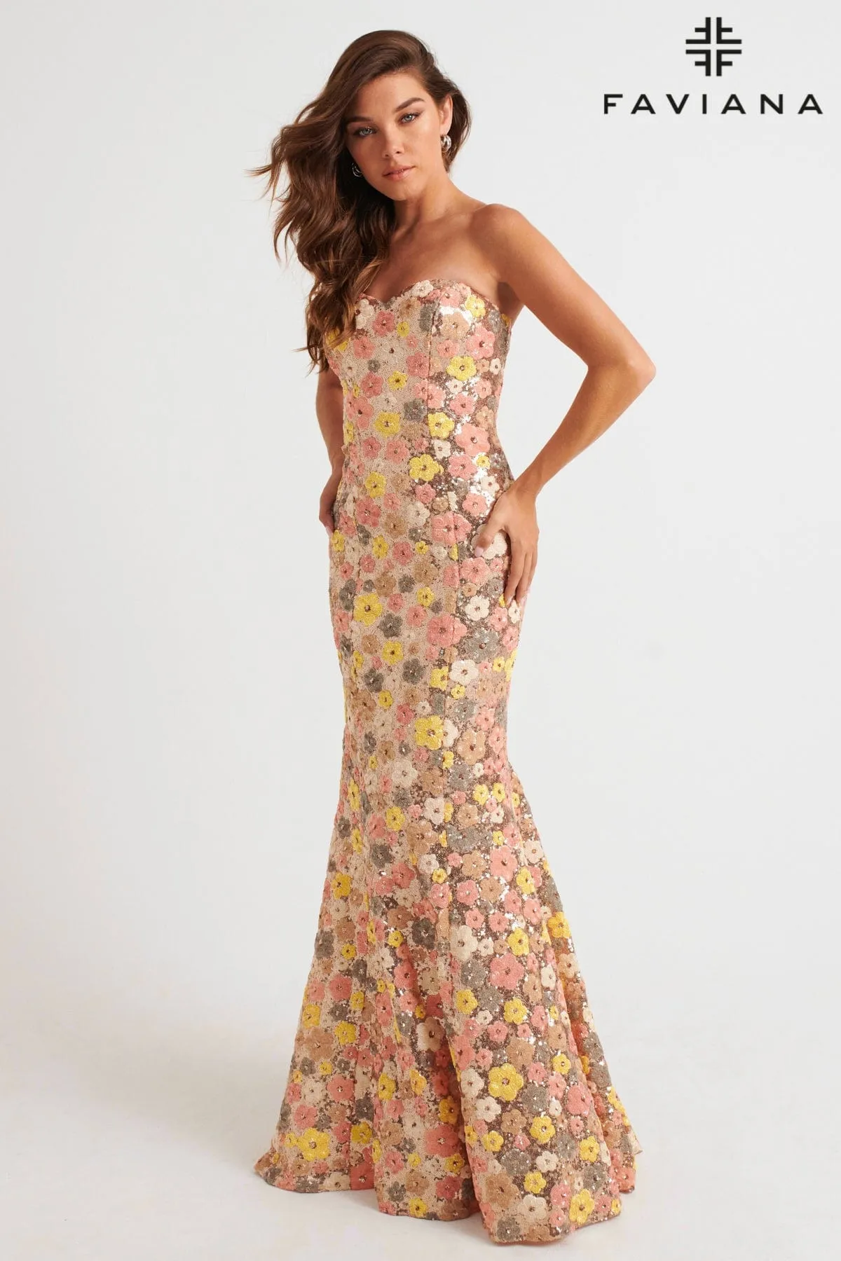 Faviana 11036 Sequin Long Formal Floral Mermaid Prom Dress