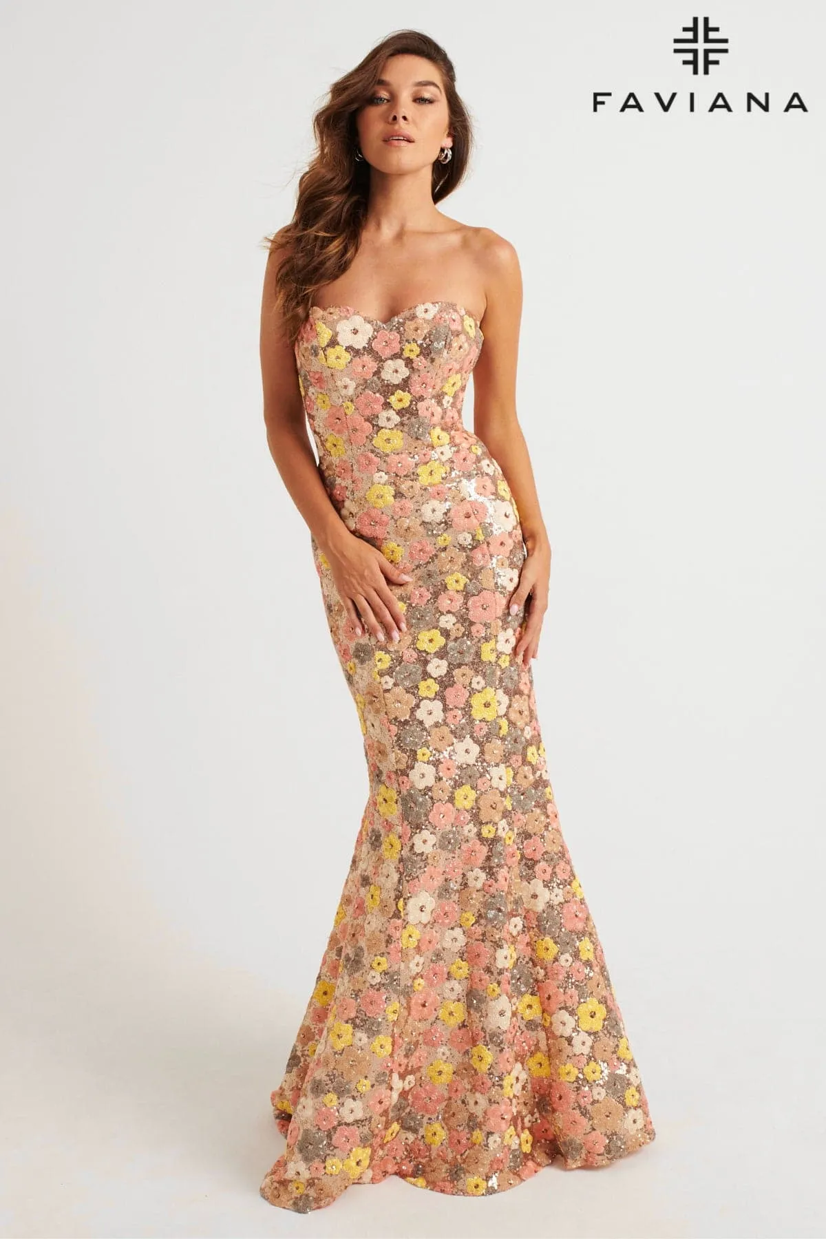 Faviana 11036 Sequin Long Formal Floral Mermaid Prom Dress