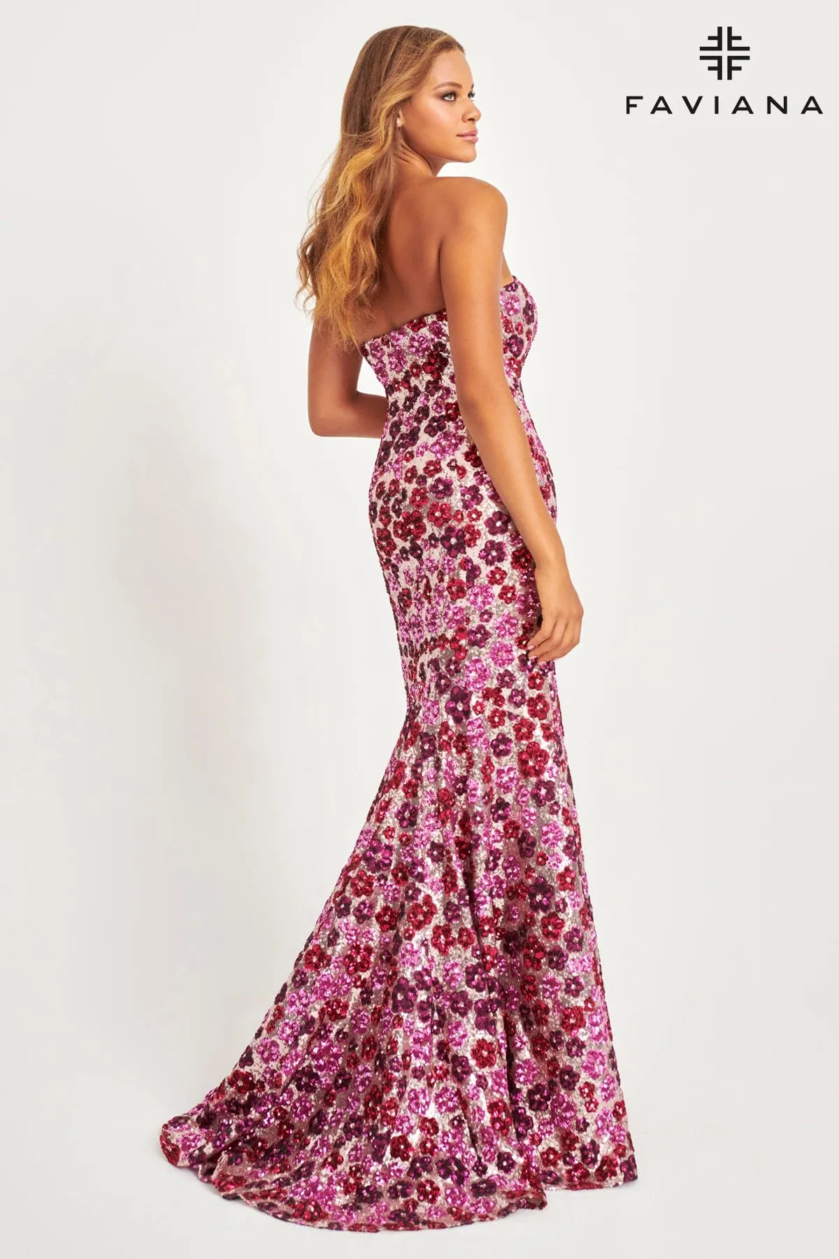 Faviana 11036 Sequin Long Formal Floral Mermaid Prom Dress