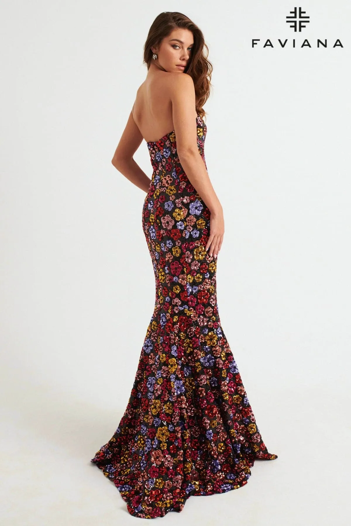 Faviana 11036 Sequin Long Formal Floral Mermaid Prom Dress