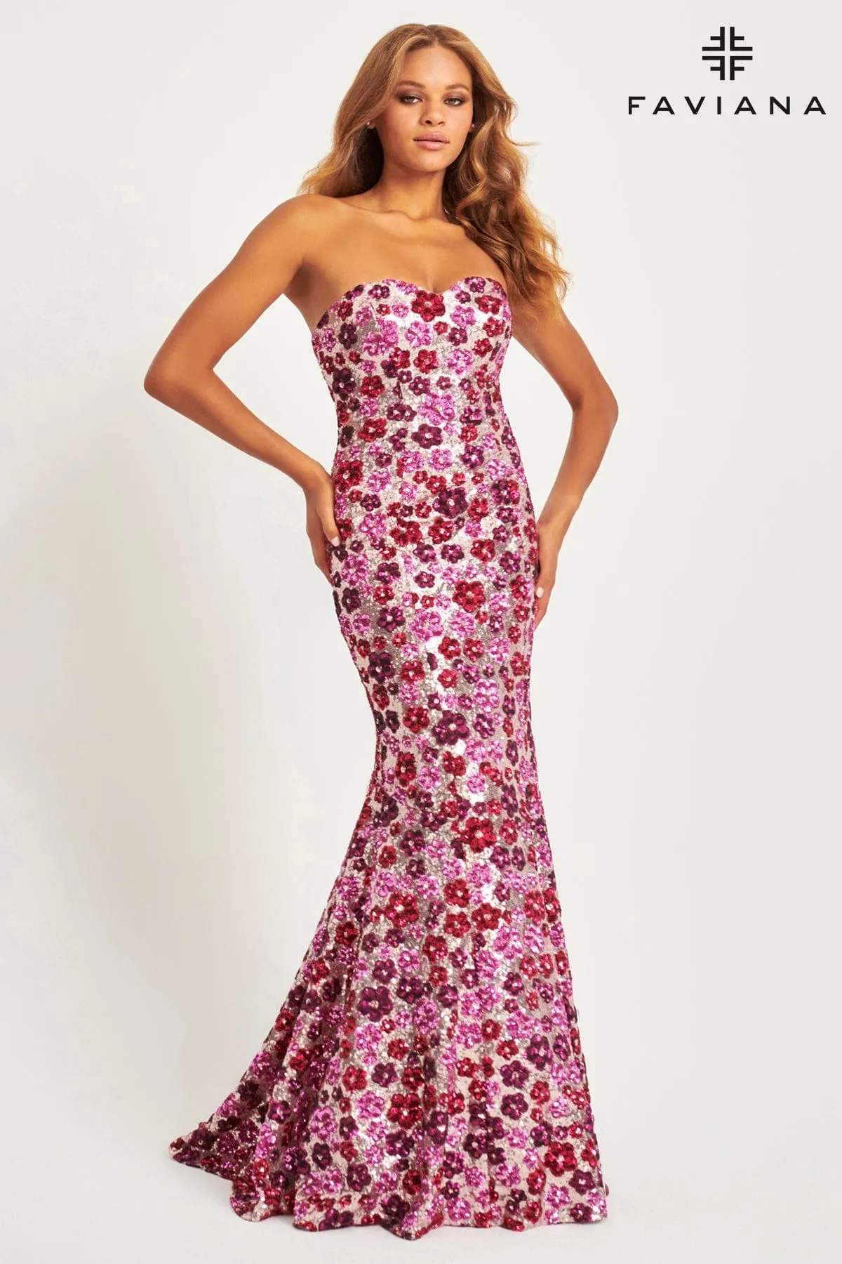 Faviana 11036 Sequin Long Formal Floral Mermaid Prom Dress