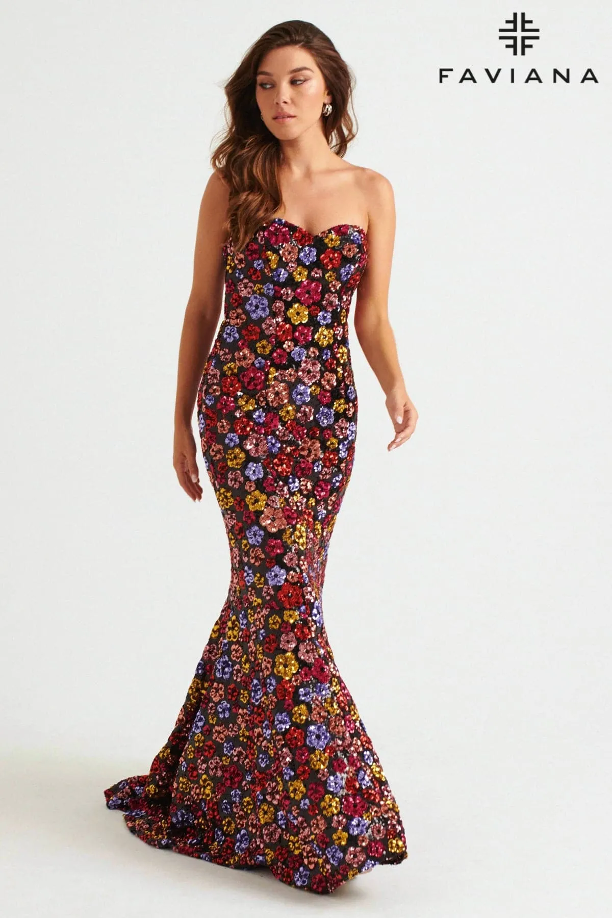 Faviana 11036 Sequin Long Formal Floral Mermaid Prom Dress