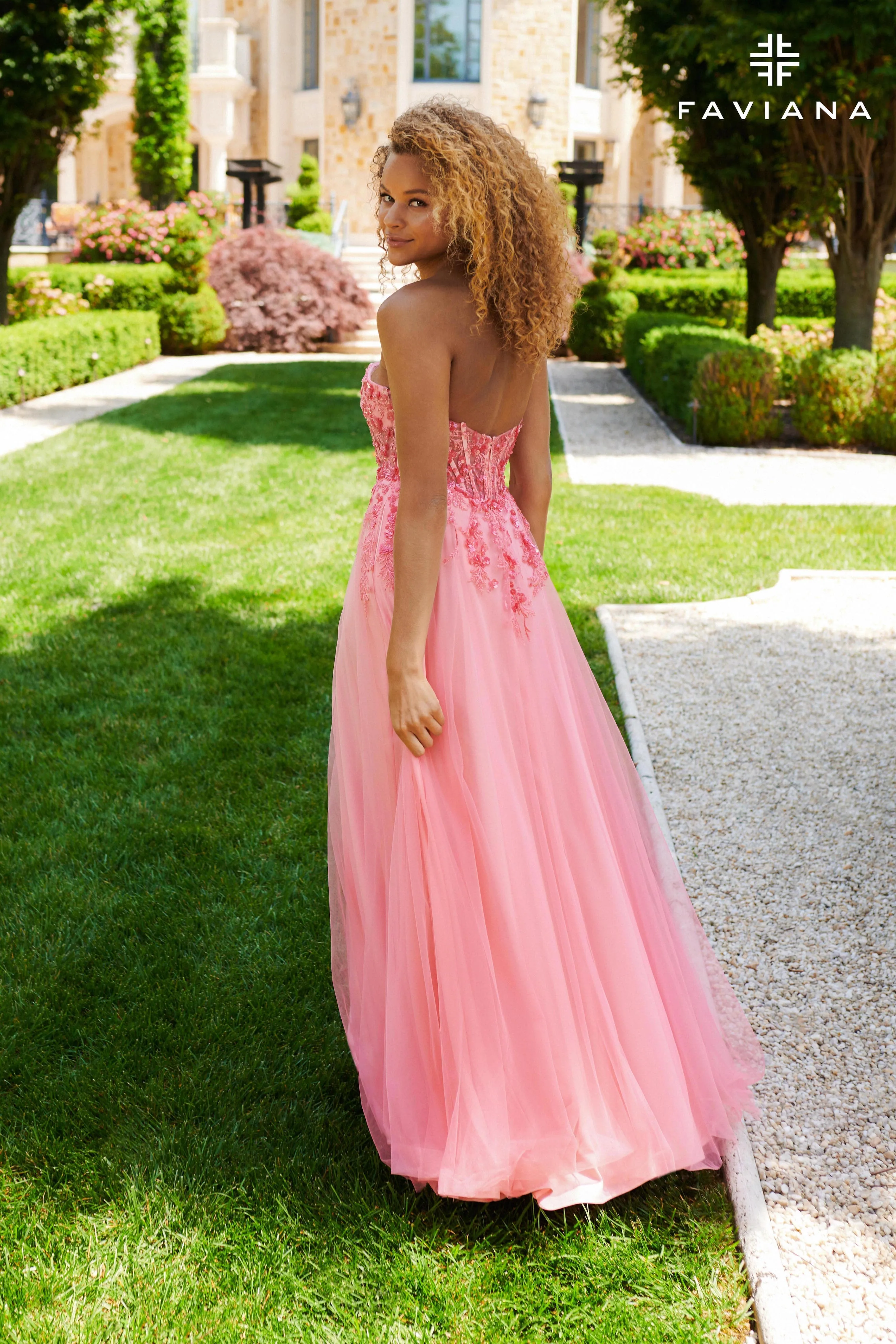 Faviana 11233 A Line Corset Long Beaded Applique Prom Dress