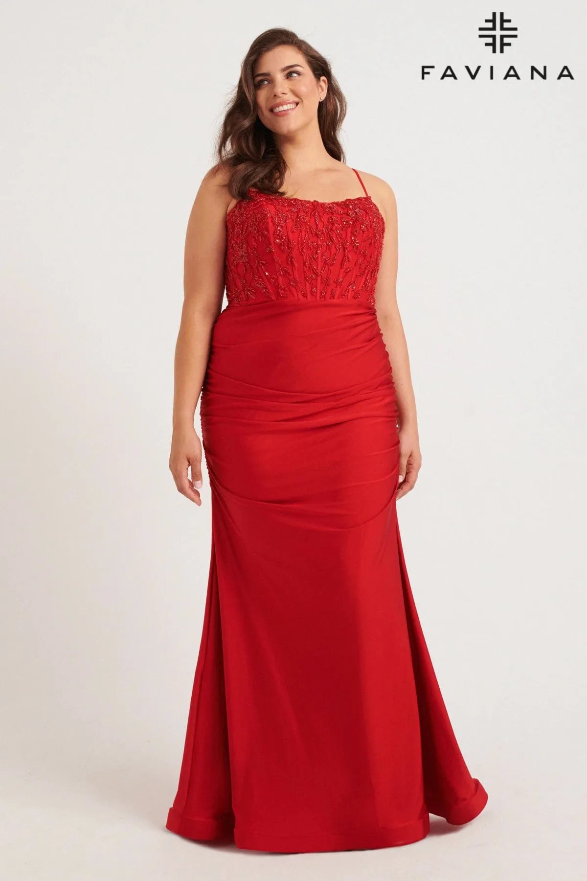 Faviana 9569 Prom Fitted Long Formal Beaded Corset Plus Size Dress