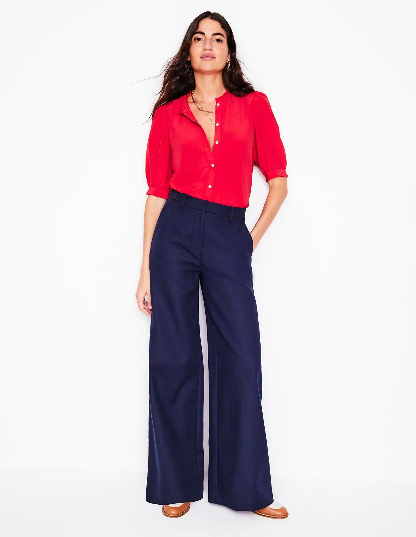 Frill Detail Silk Top-Poppy Red