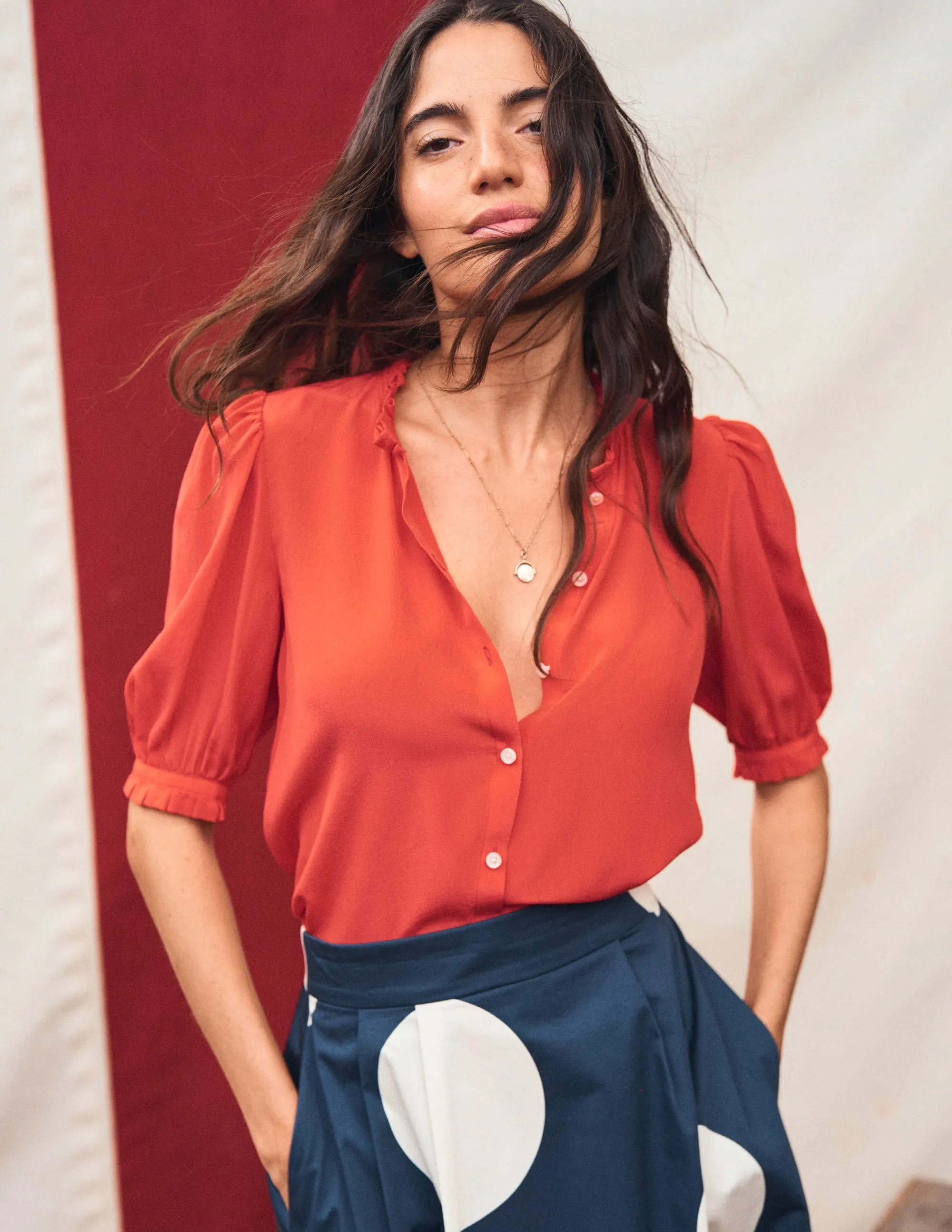 Frill Detail Silk Top-Poppy Red