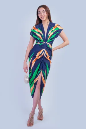 Green and Navy Leaves Knit V Neck Dress