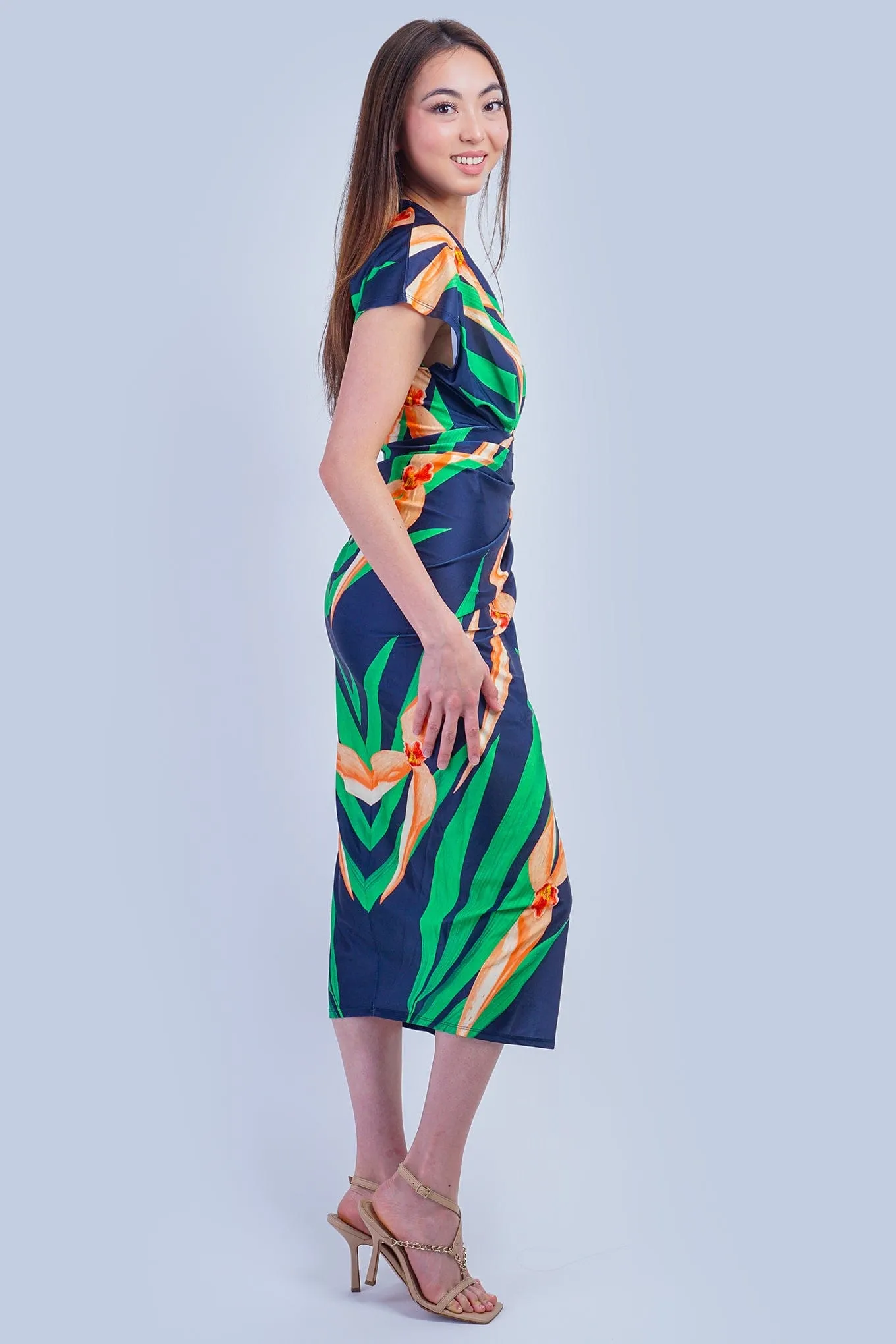 Green and Navy Leaves Knit V Neck Dress