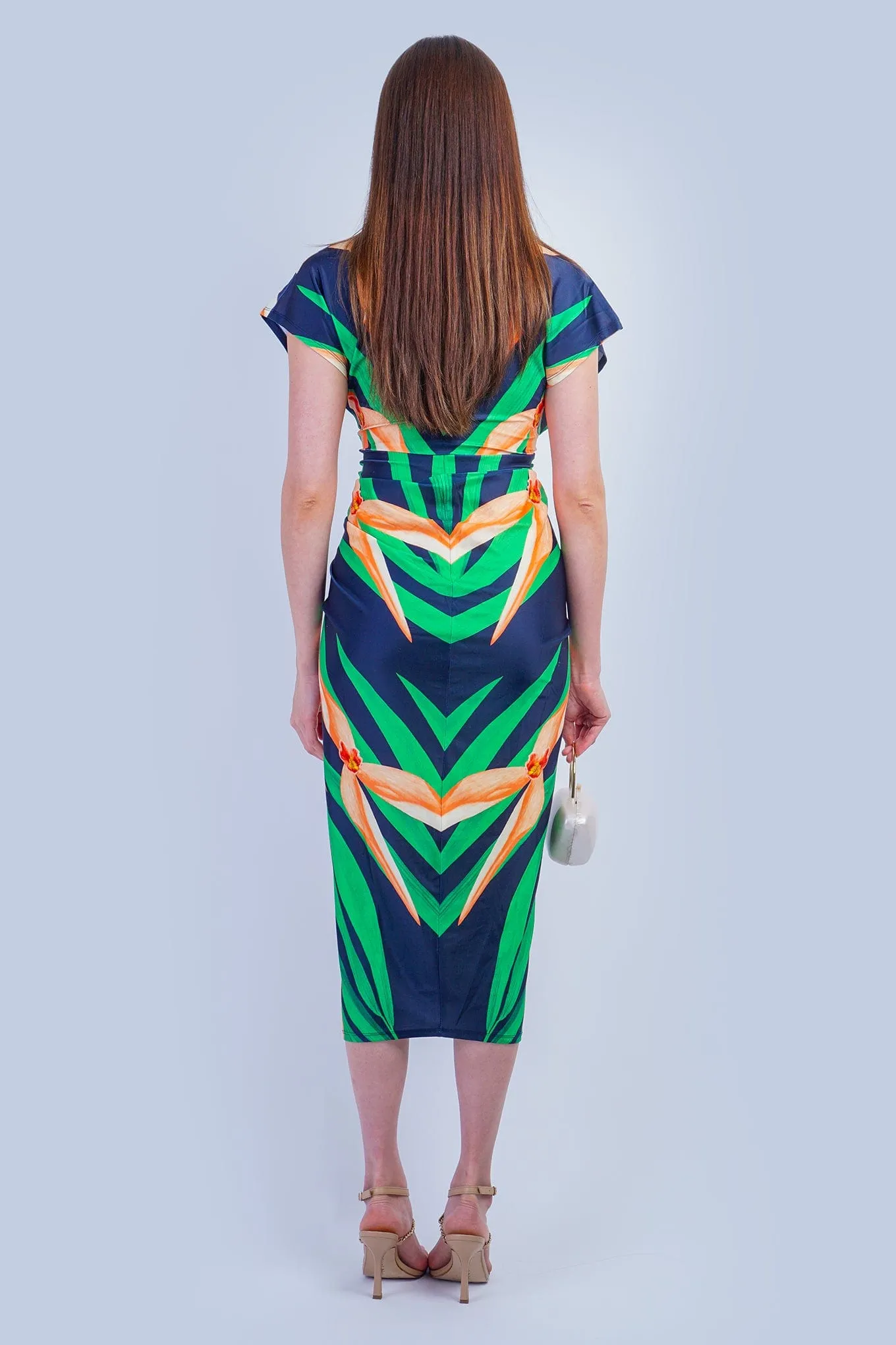 Green and Navy Leaves Knit V Neck Dress