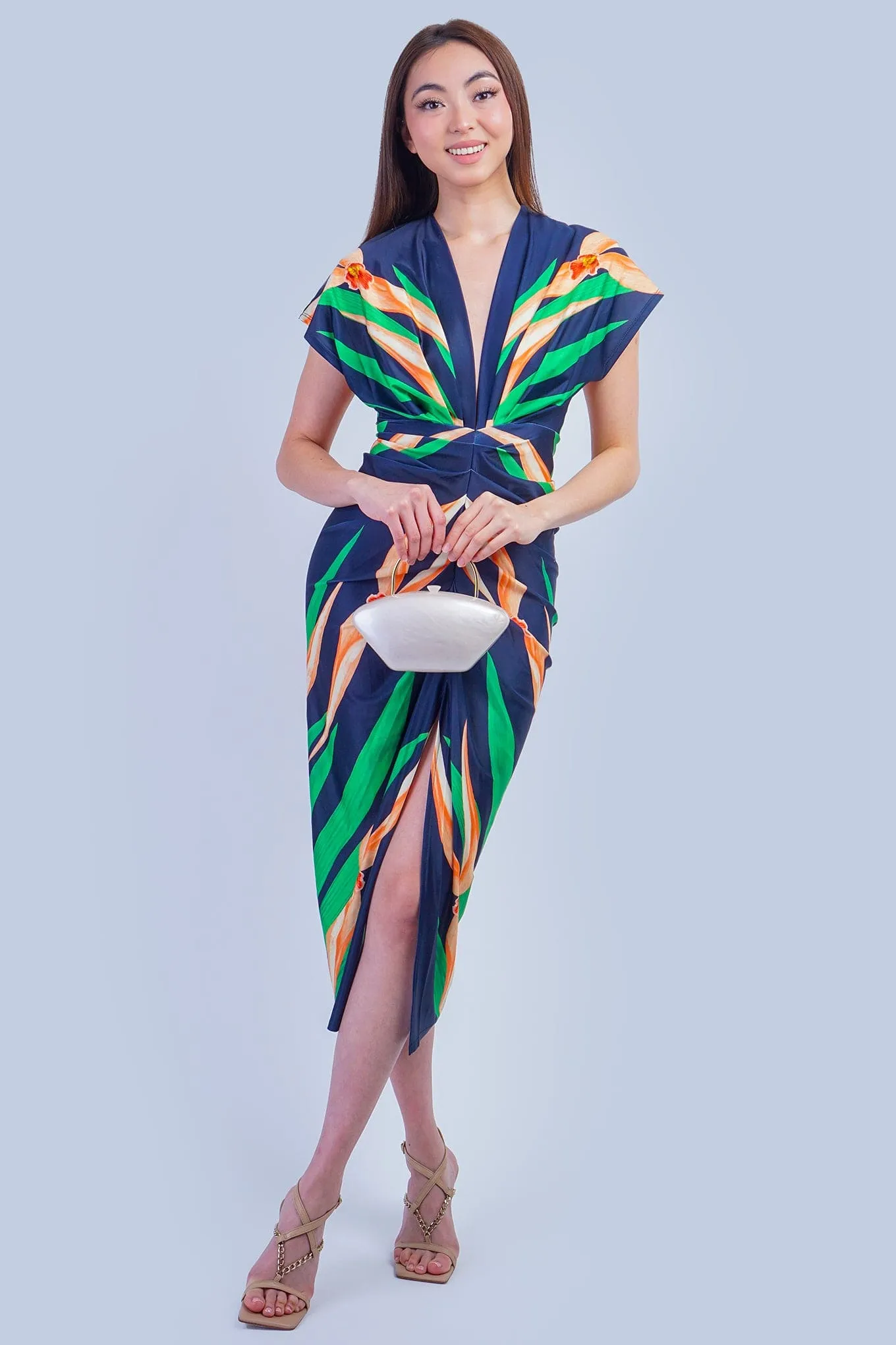Green and Navy Leaves Knit V Neck Dress