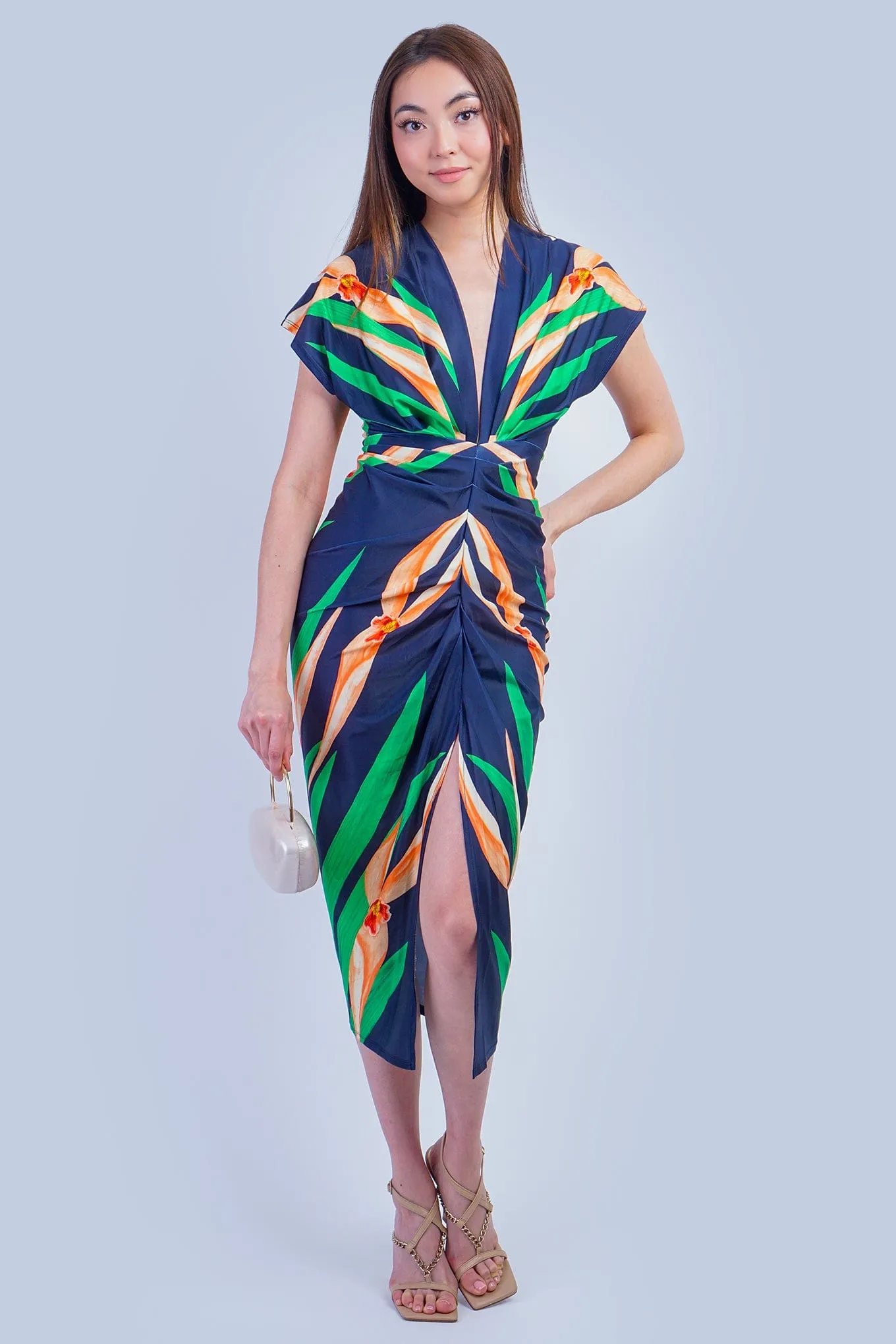 Green and Navy Leaves Knit V Neck Dress