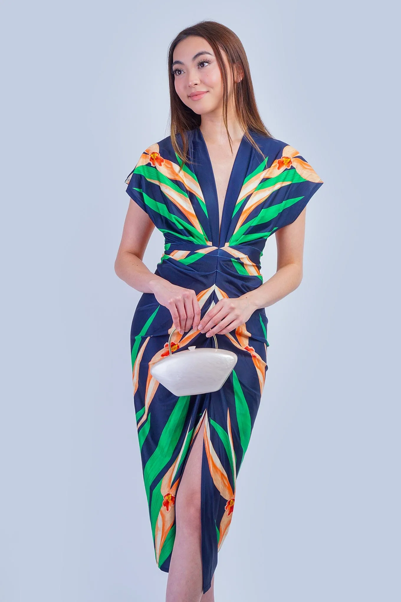Green and Navy Leaves Knit V Neck Dress