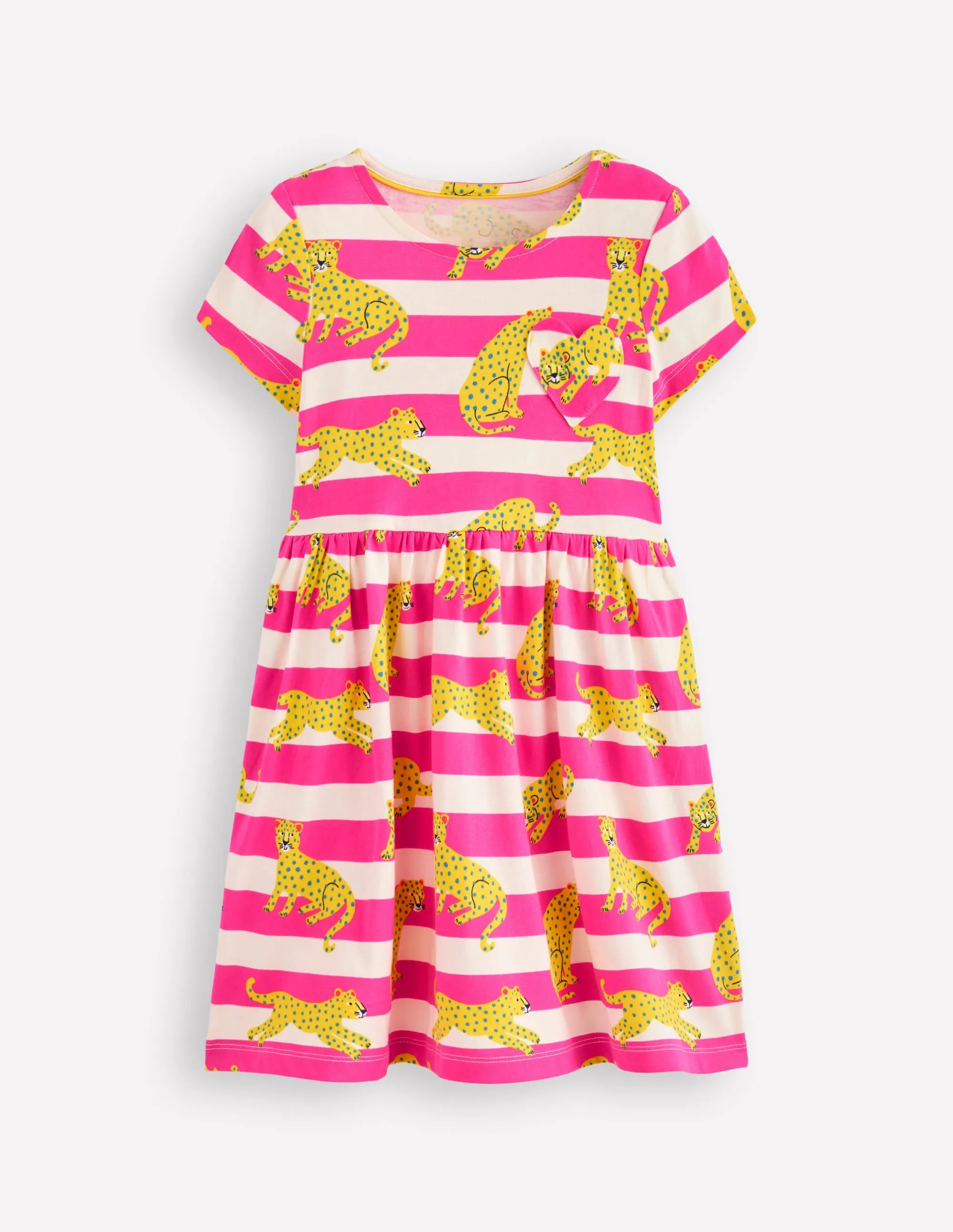 Heart Pocket Fun Jersey Dress-Raspberry Pink Leopard Stripe