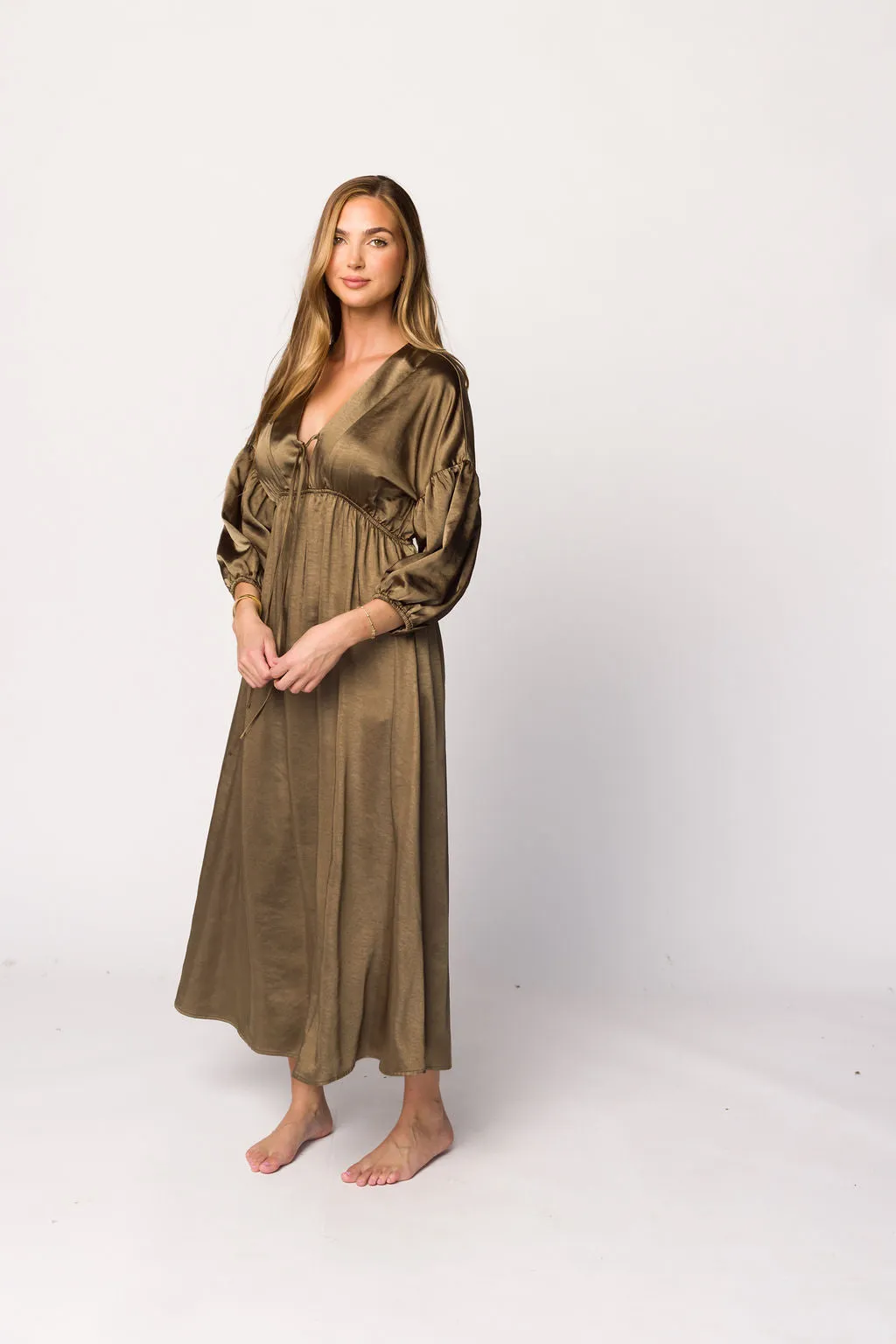 Hunter Premium *Satin* Midi Dress in Tapenade - Bump Friendly