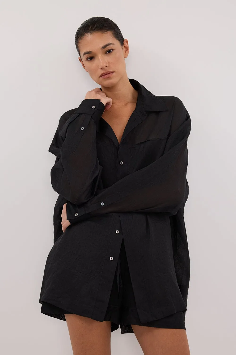 KAI BLACK OVERSIZED RAMIE SLEEVED SHIRT
