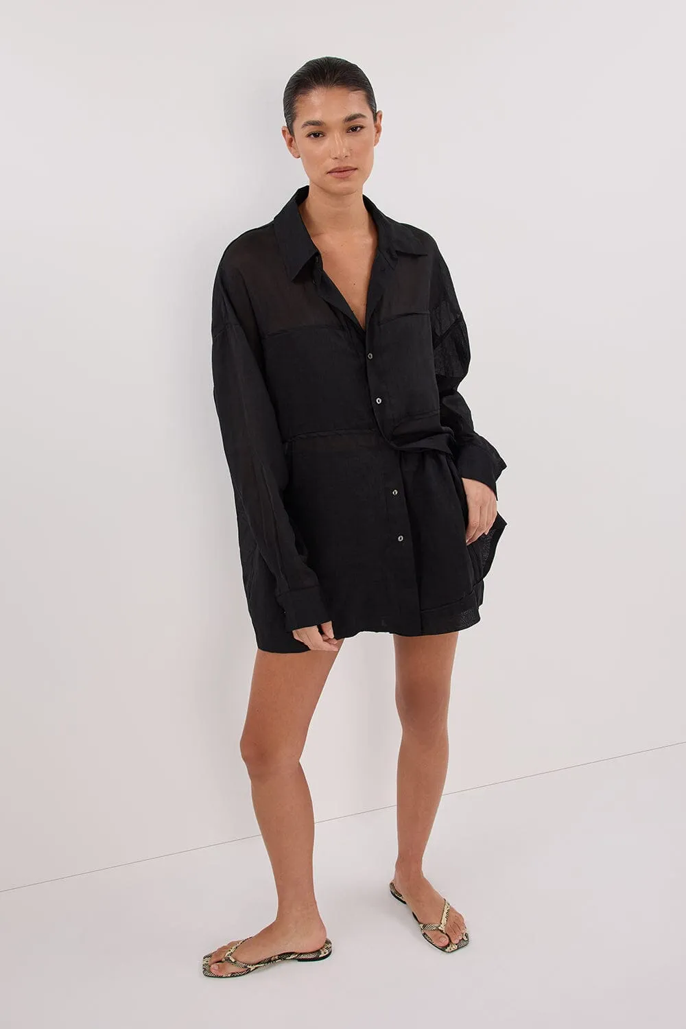 KAI BLACK OVERSIZED RAMIE SLEEVED SHIRT