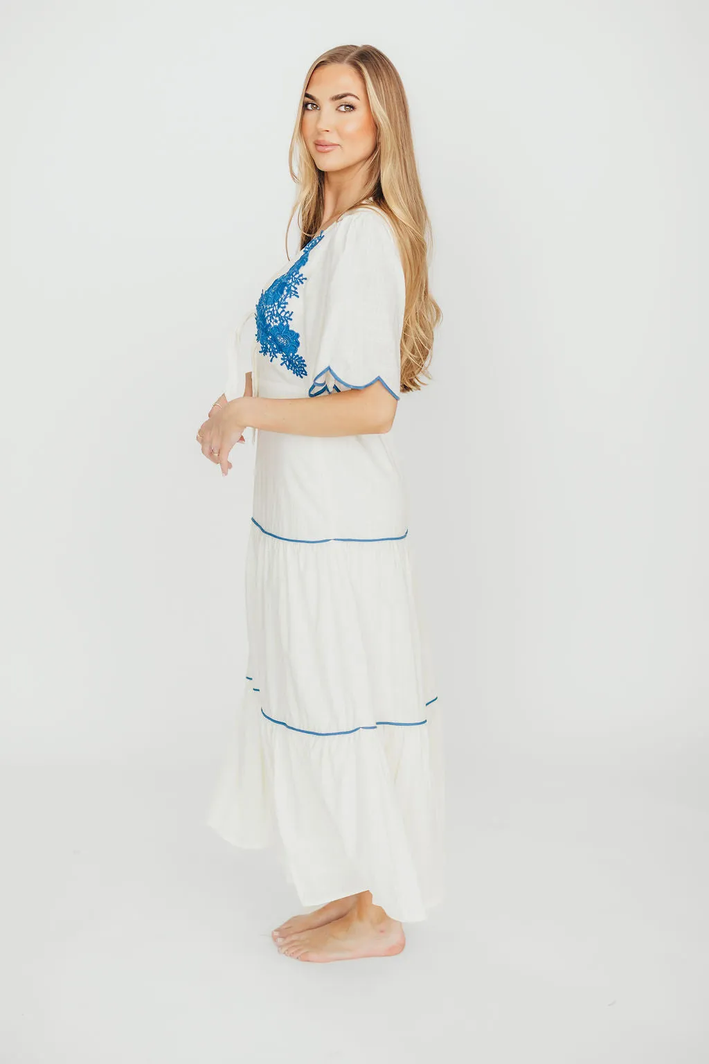 Lena Embroidered Tiered Midi Dress in Off-White/Blue