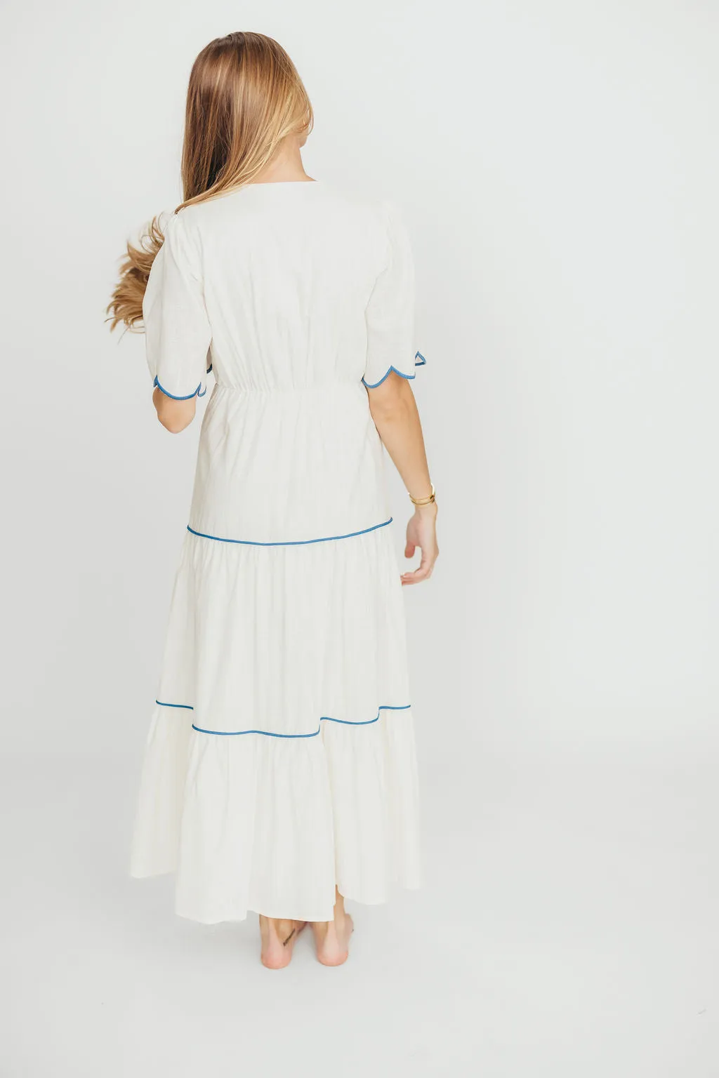 Lena Embroidered Tiered Midi Dress in Off-White/Blue
