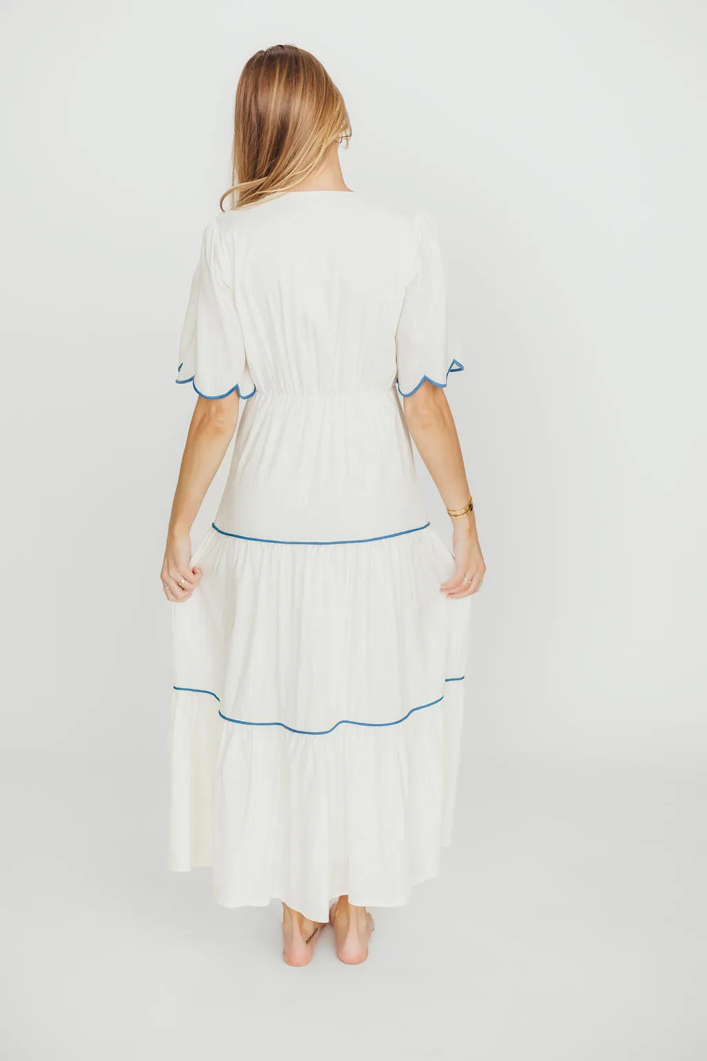 Lena Embroidered Tiered Midi Dress in Off-White/Blue