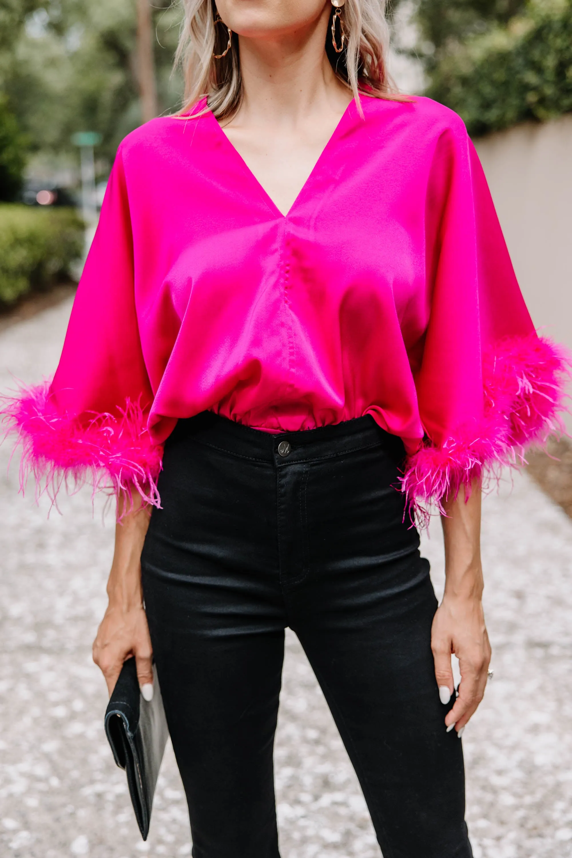 Live Out Loud Berry Pink Feather Bodysuit