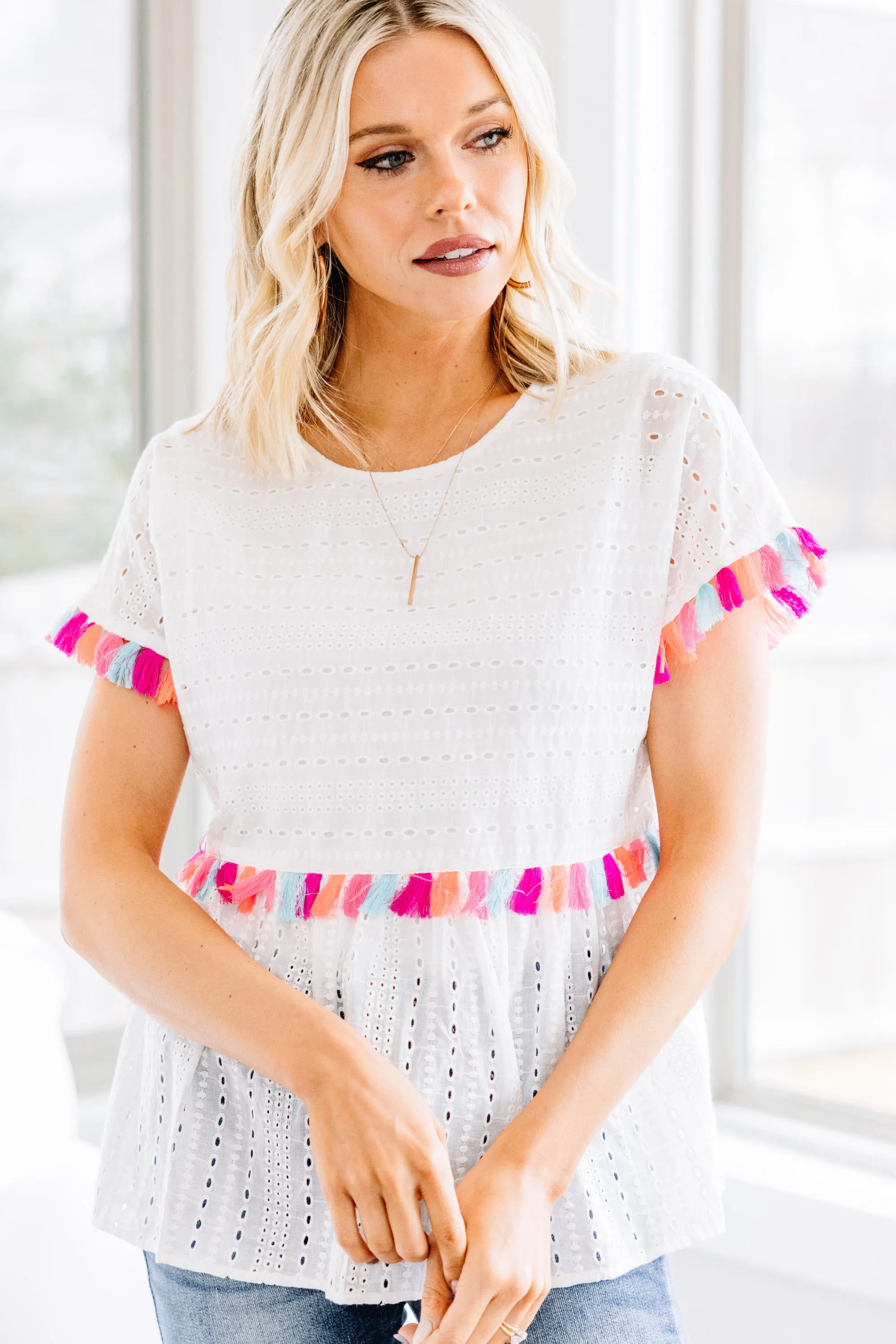 Live Your Life White Eyelet Tassel Top