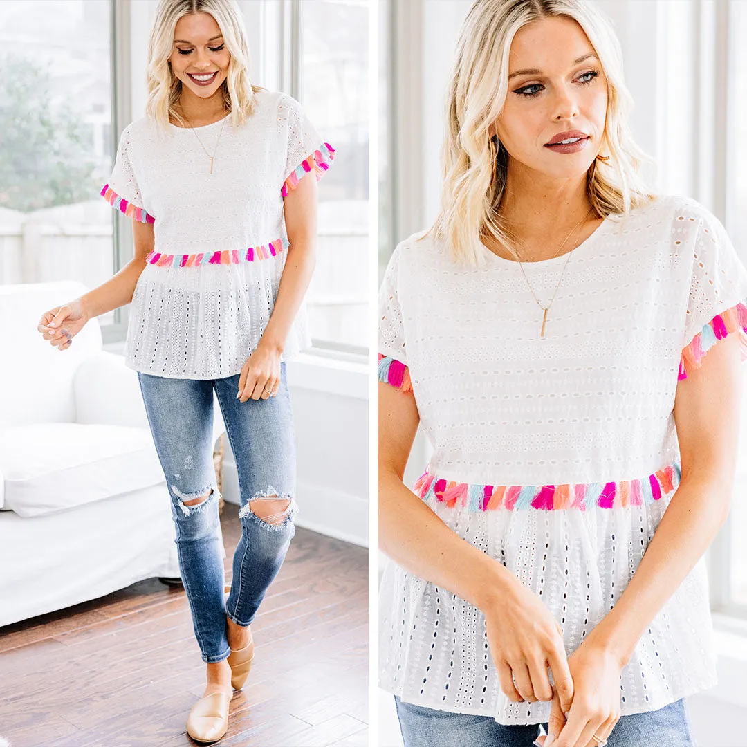 Live Your Life White Eyelet Tassel Top