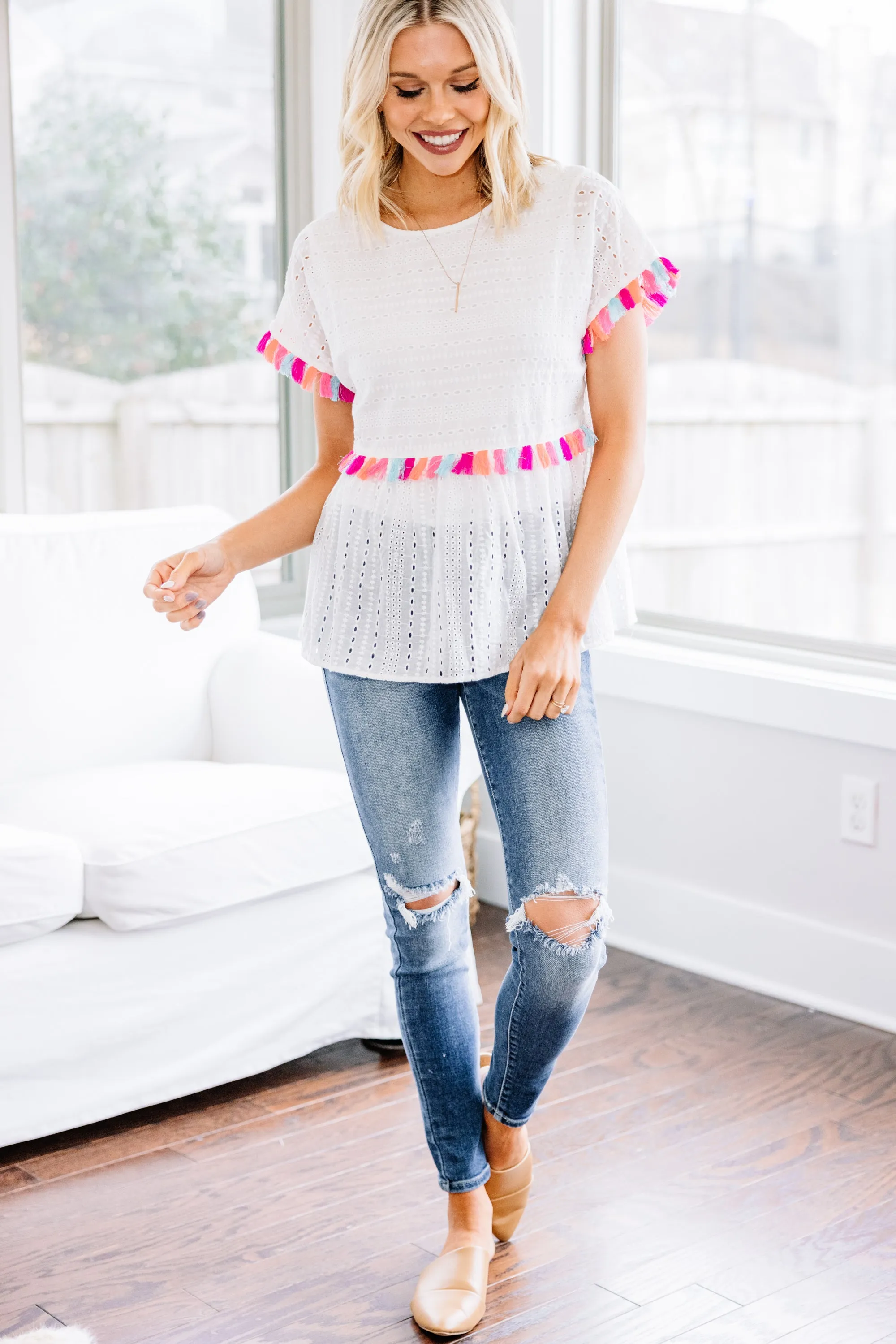 Live Your Life White Eyelet Tassel Top