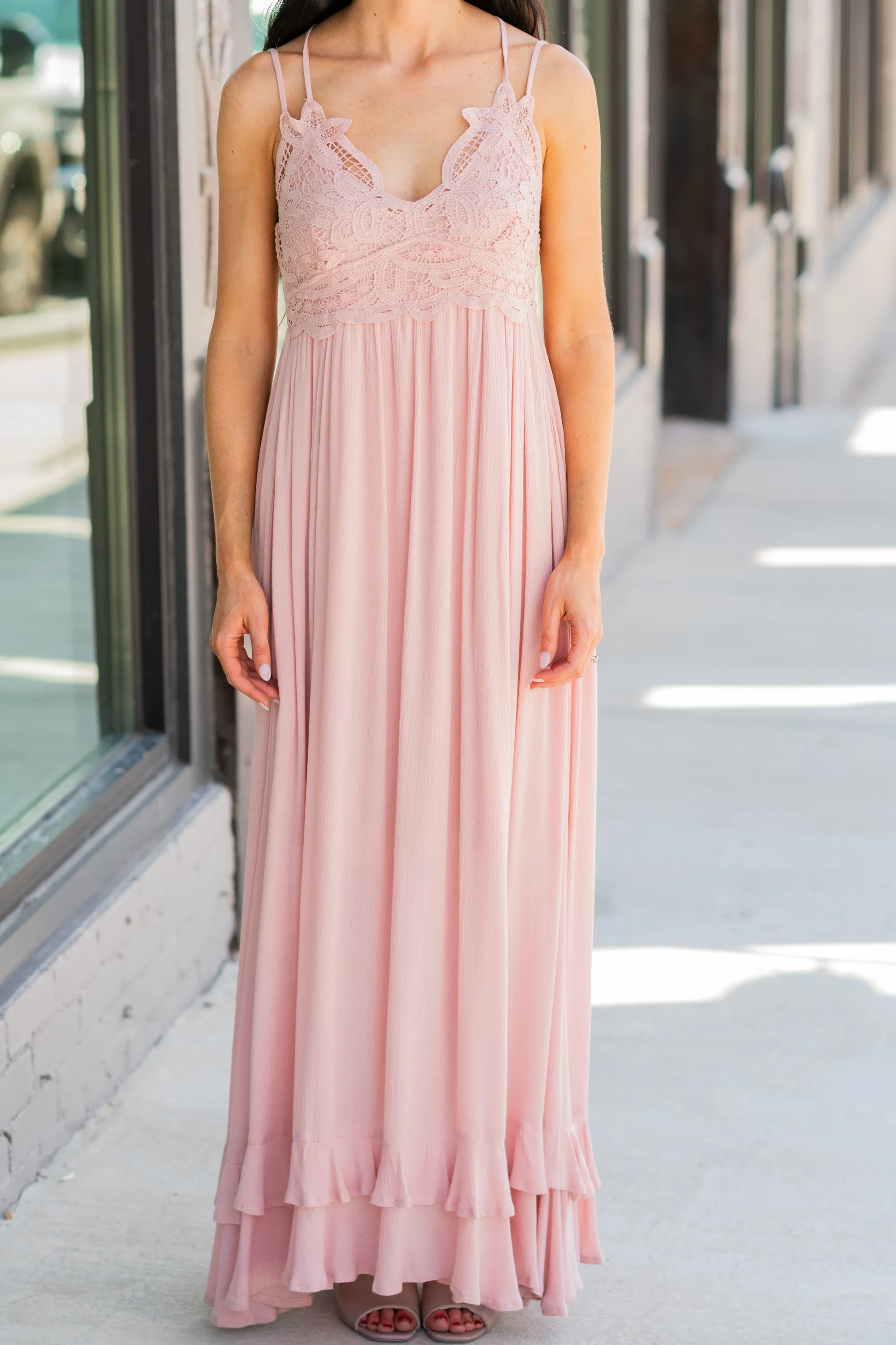 Lock Eyes Blush Pink Crochet Maxi Dress