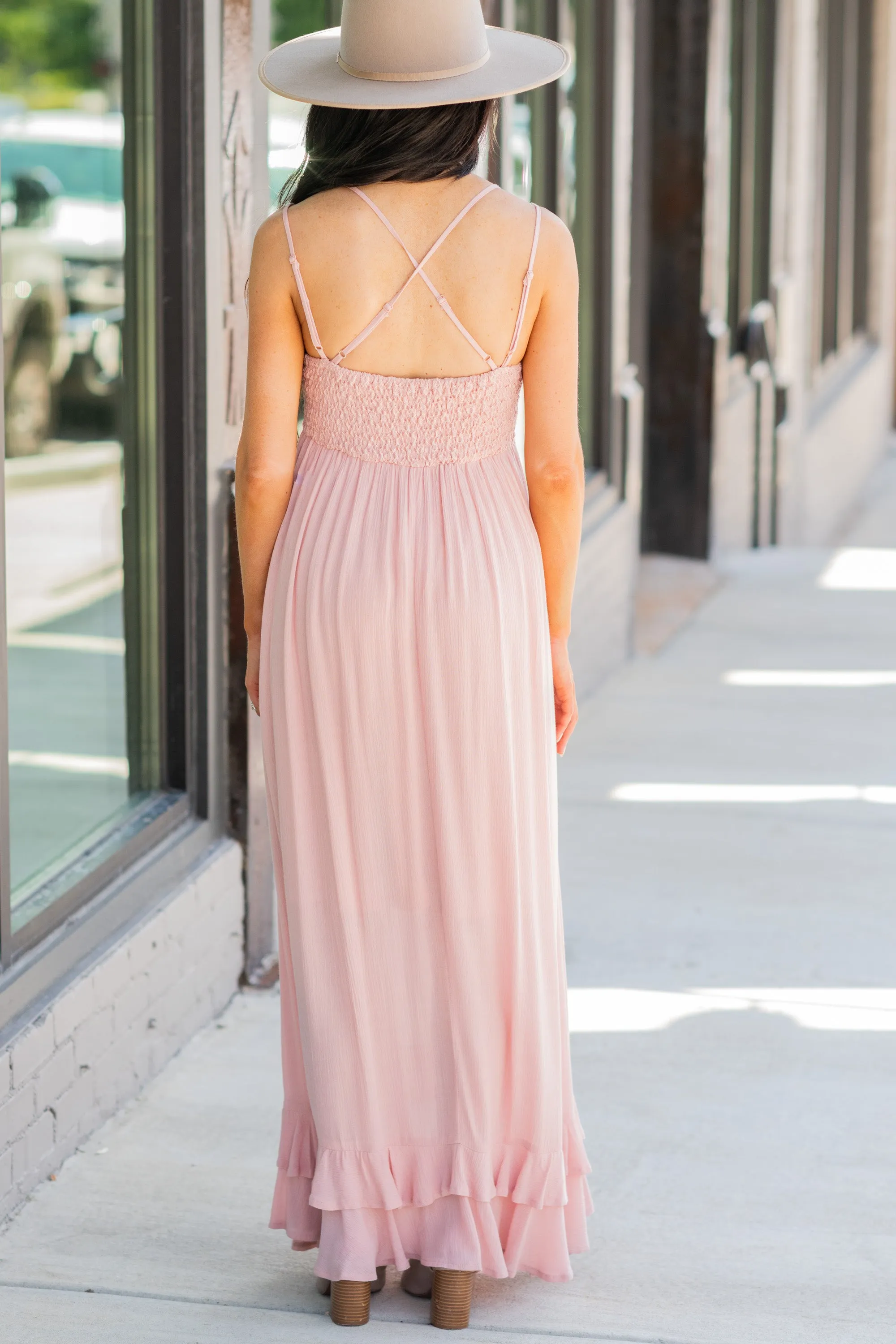 Lock Eyes Blush Pink Crochet Maxi Dress