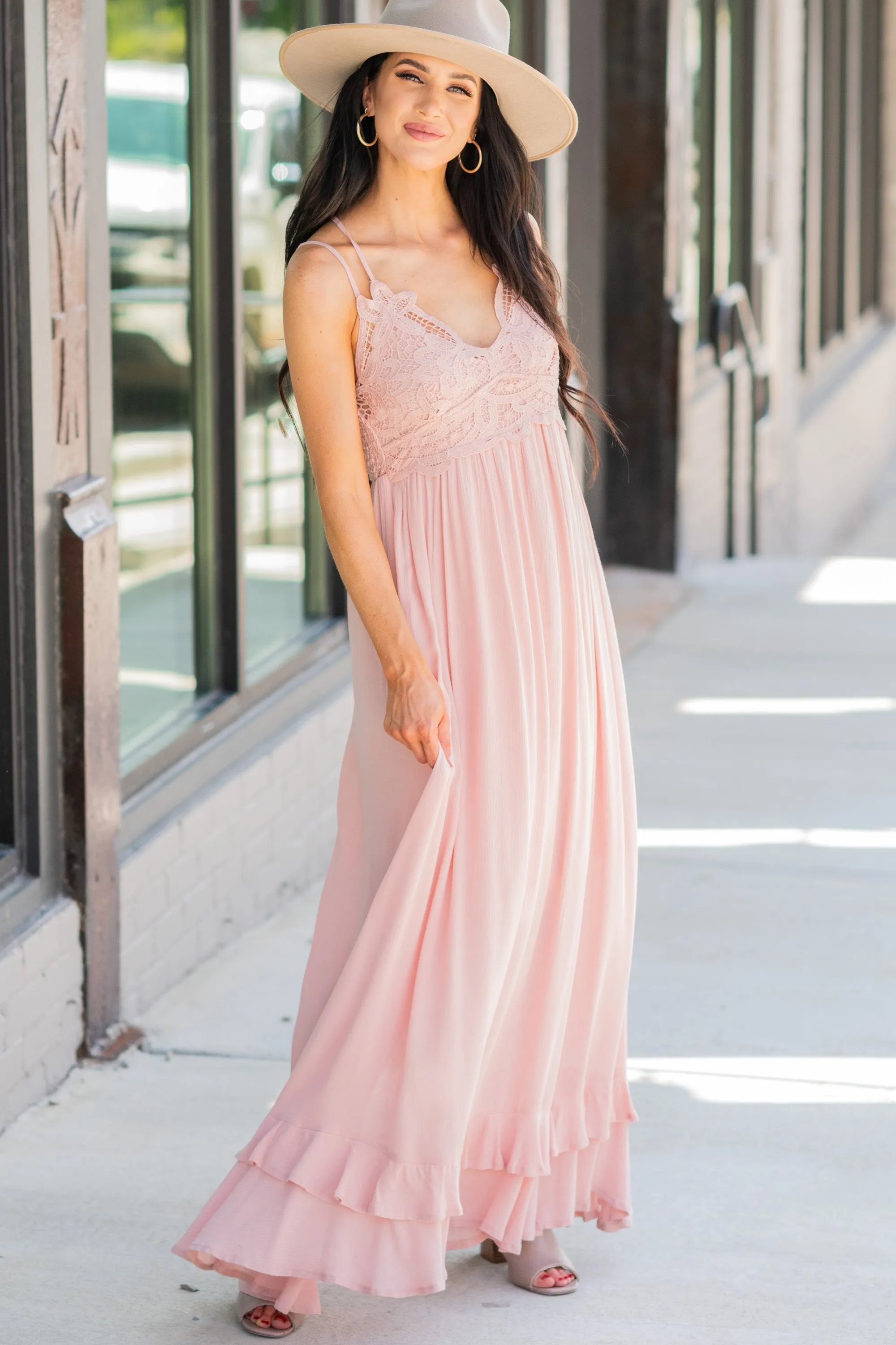 Lock Eyes Blush Pink Crochet Maxi Dress