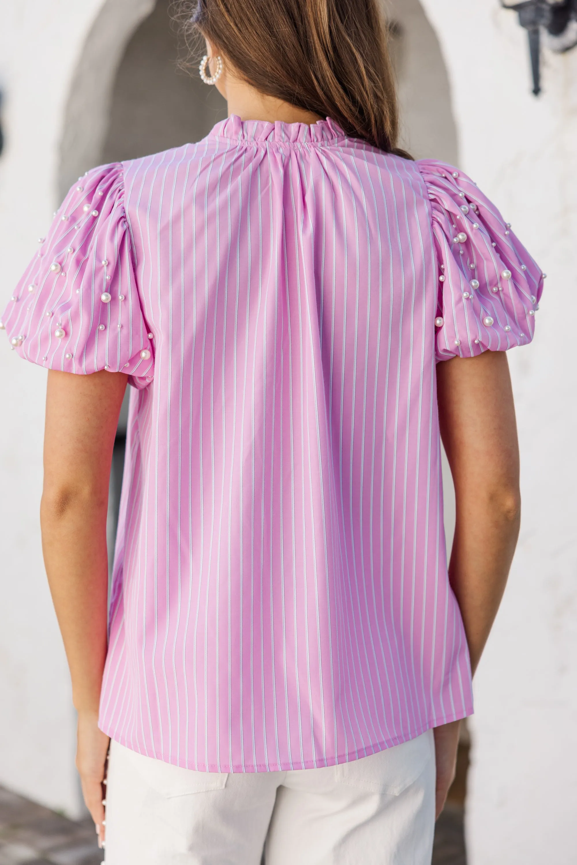 Look For It Pink Embellished Striped Blouse