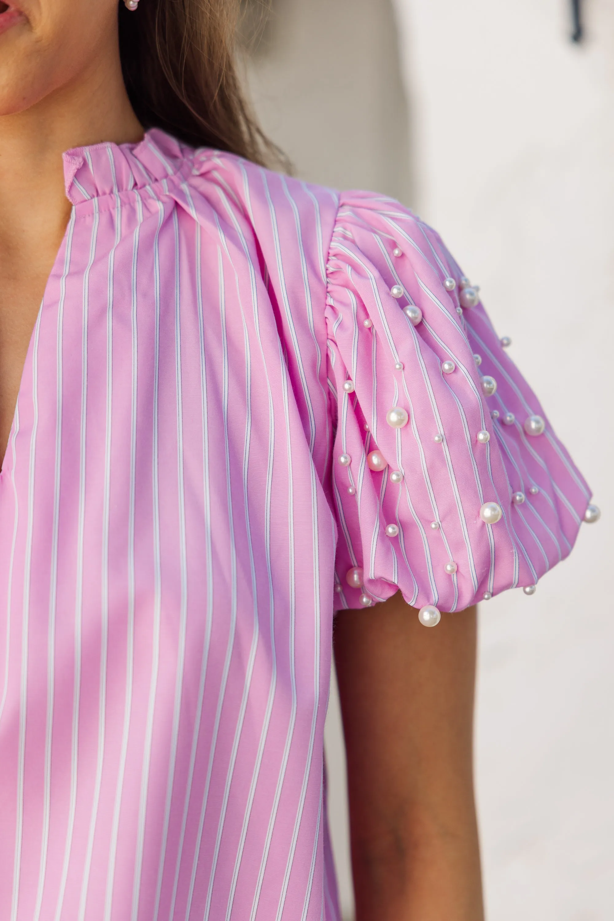 Look For It Pink Embellished Striped Blouse