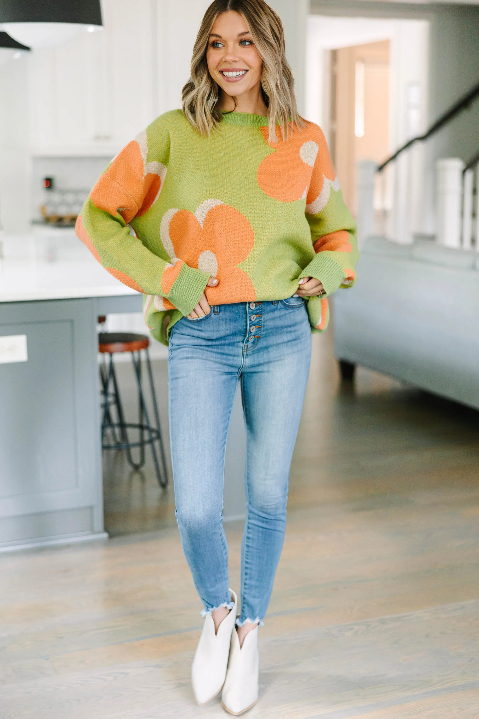 Look Out Green Apple Floral Sweater
