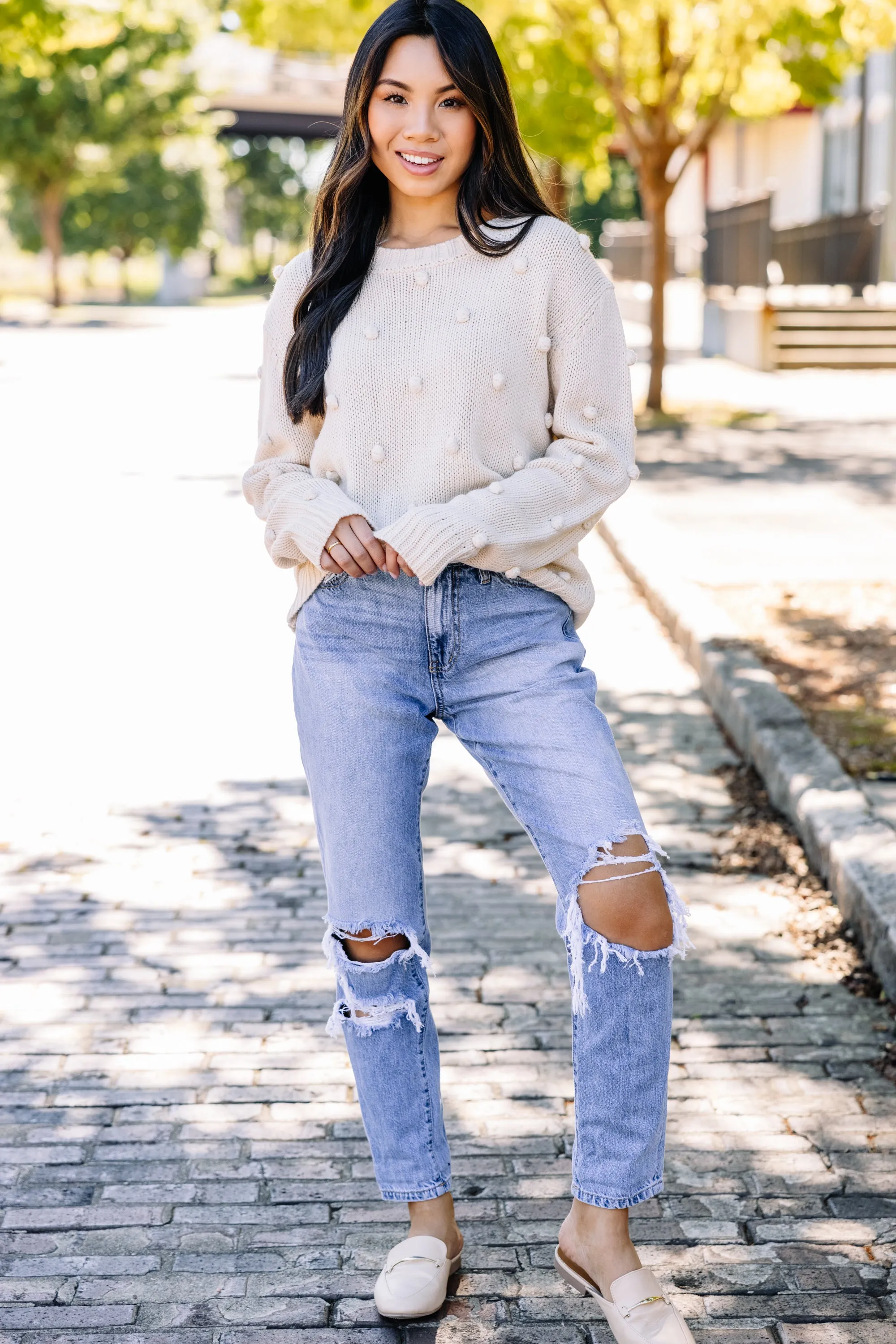 Looking Forward Cream White Pompom Sweater