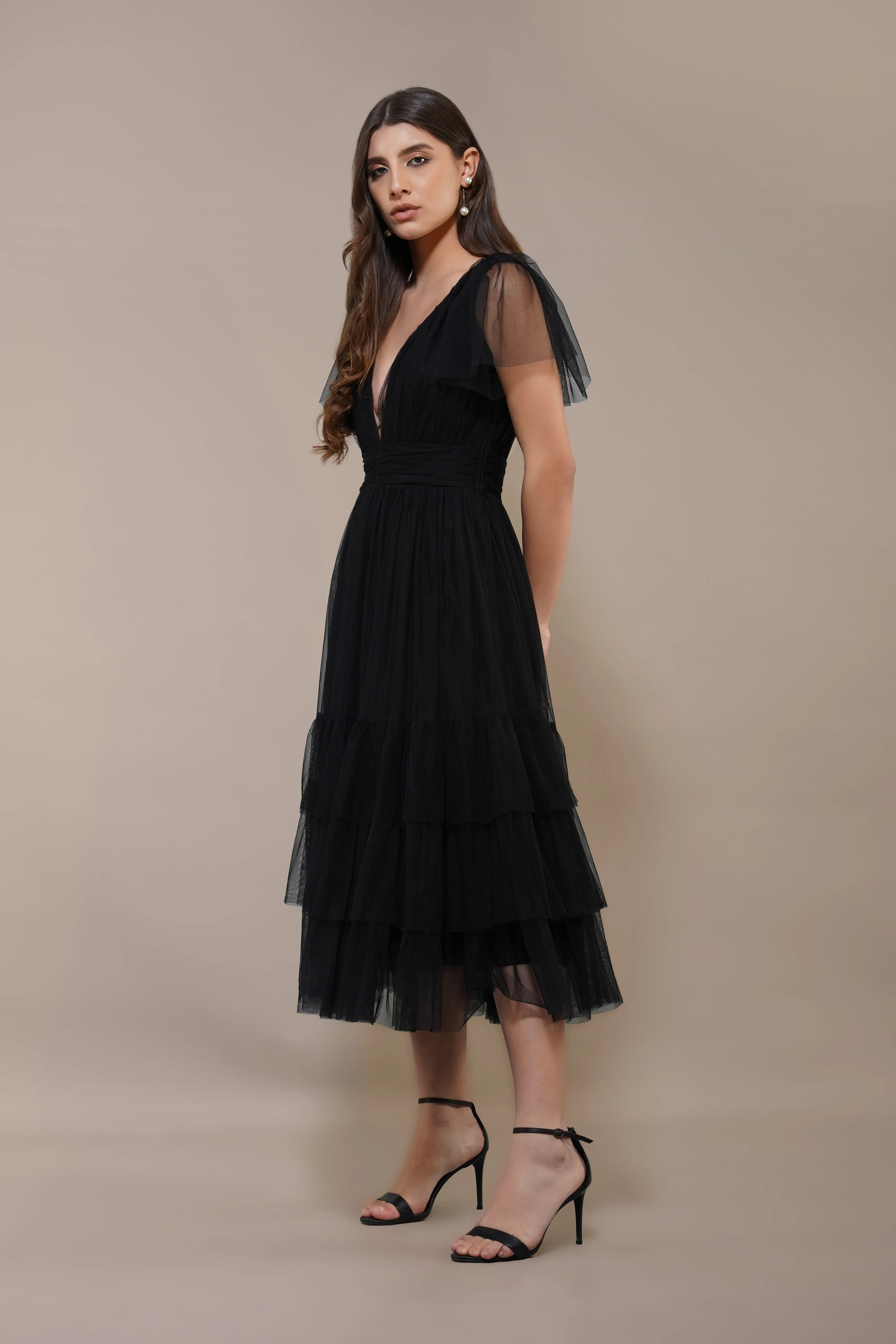 Madison Black Tulle Bridesmaid Midi Dress