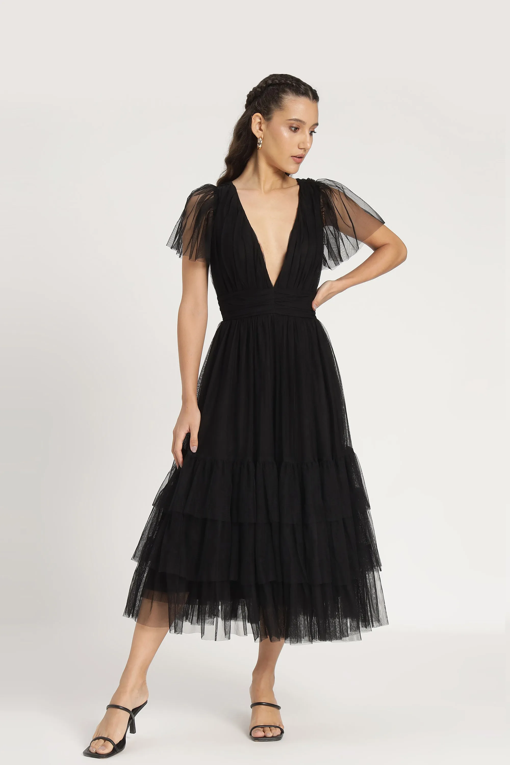 Madison Black Tulle Bridesmaid Midi Dress