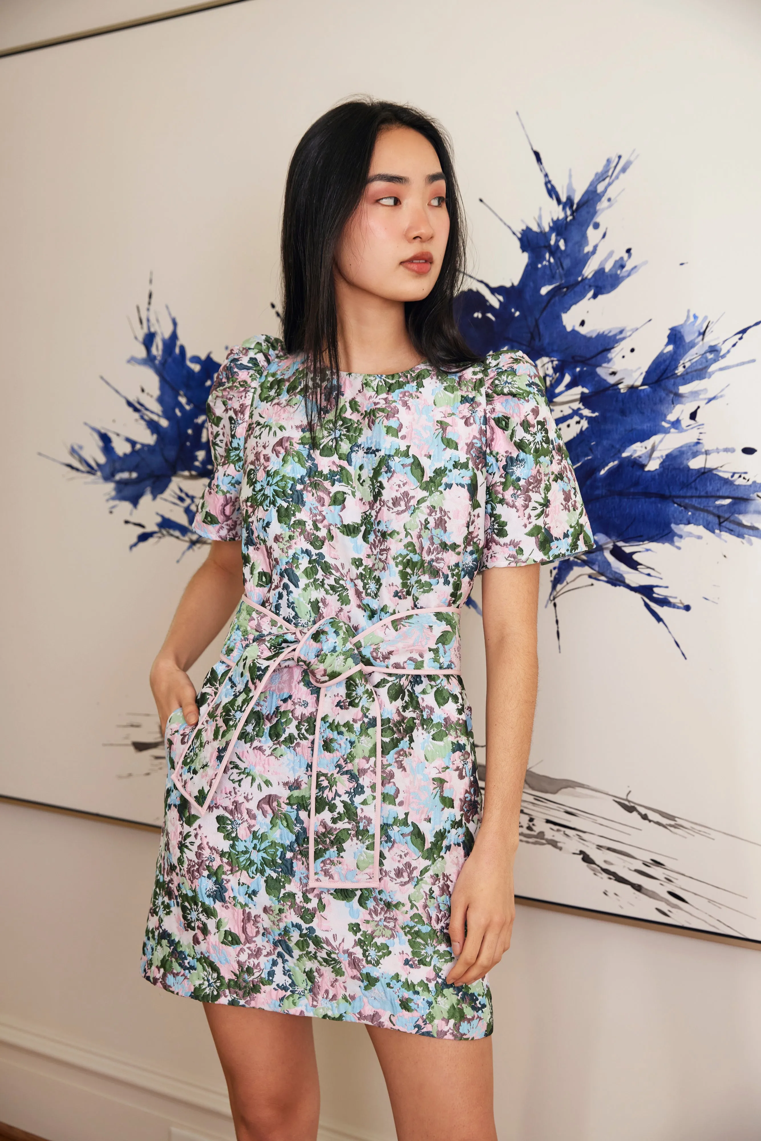 Marty Dress Pink Abstract Floral Jacquard